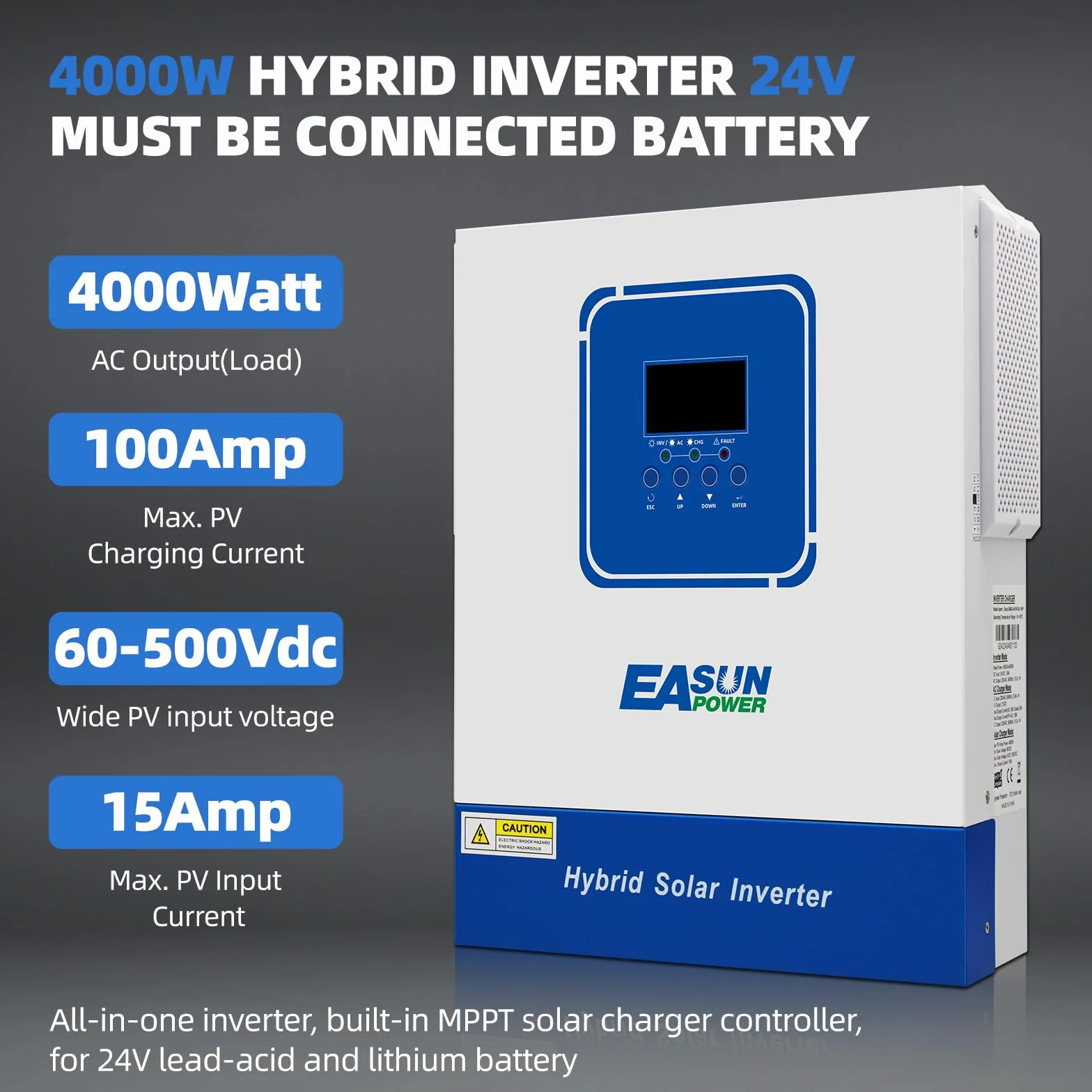 POWLAND Inversor Híbrido 24V 4000W, Onda Sinusoidal Pura Aislado de la Red, DC a AC 230V, Máximo PV 60-500VDC, para Baterías de Plomo y Litio, con Módulo WiFi (SMG II 4KW)
