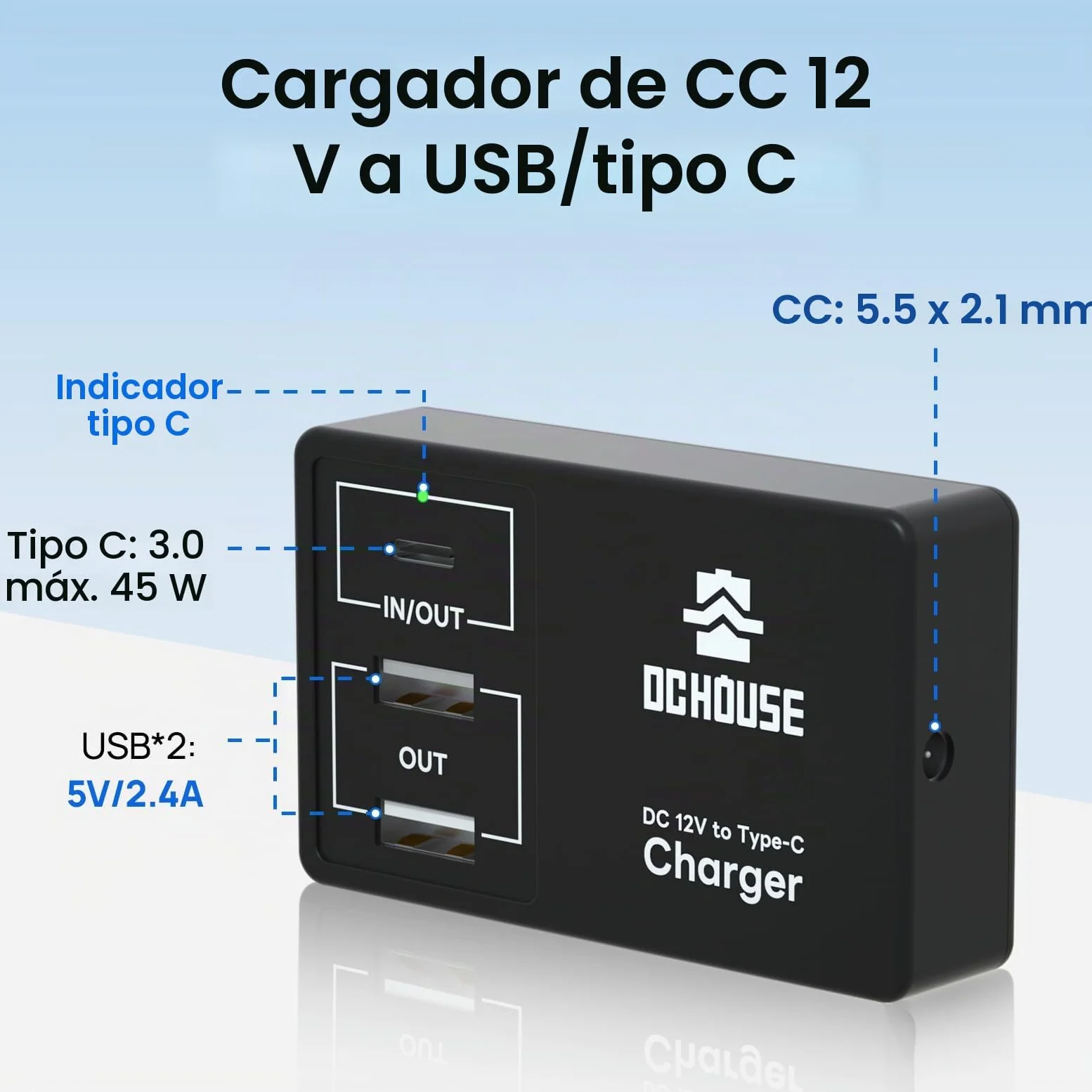 DCHOUSE Batería de Litio LiFePO4 de 12V 12Ah, DC 12V zu Typ-C & USB, con 3000 + Deep Cycle y protección BMS para autocaravanas, carritos de Golf, cortacésped, Panel Solar, Camping