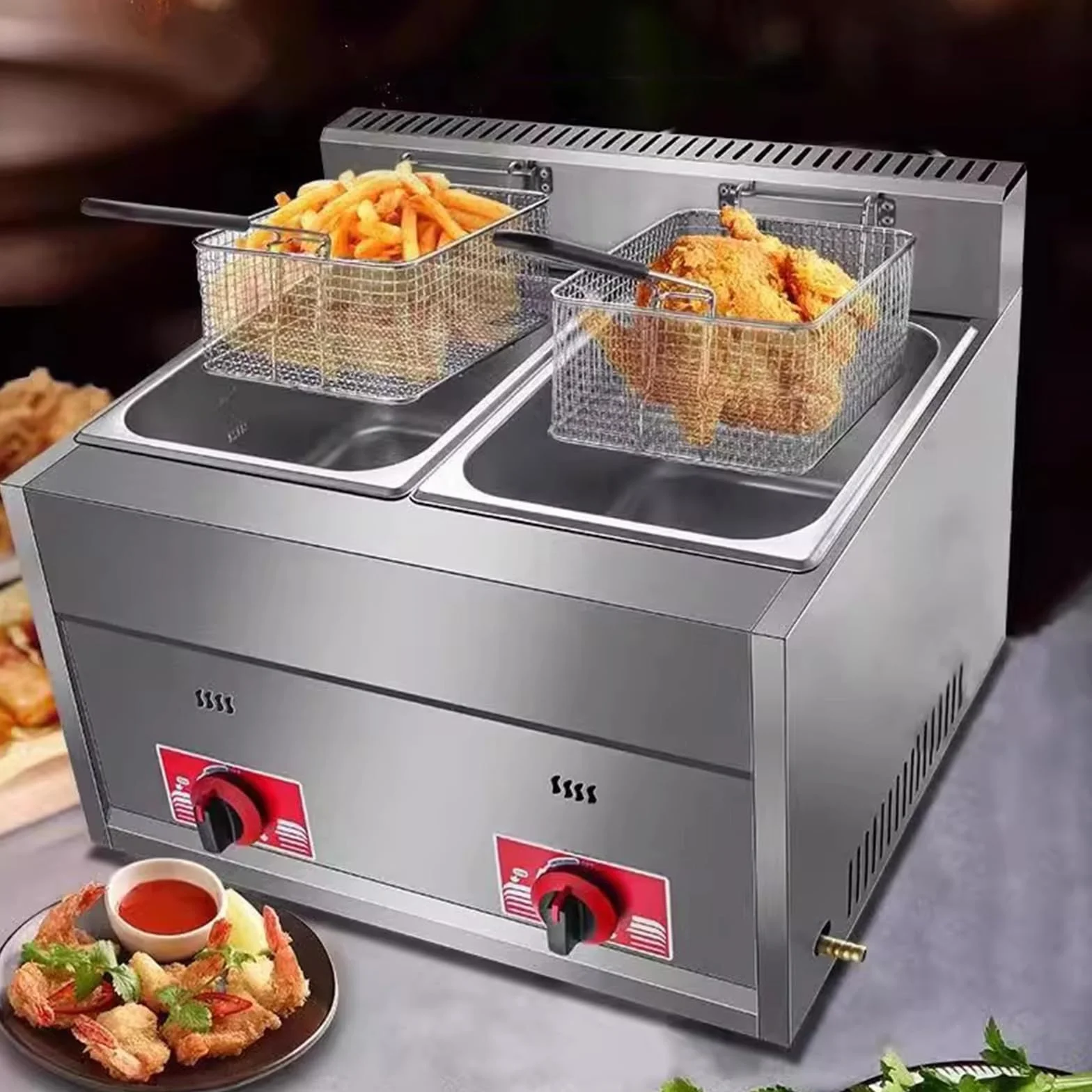 Freidora de gas, freidora de gas profesional de acero inoxidable comercial con cesta y tapa, Freidoras 2x10L Doble Tanque para encimera de restaurante comercial Máquina (10L+10L)