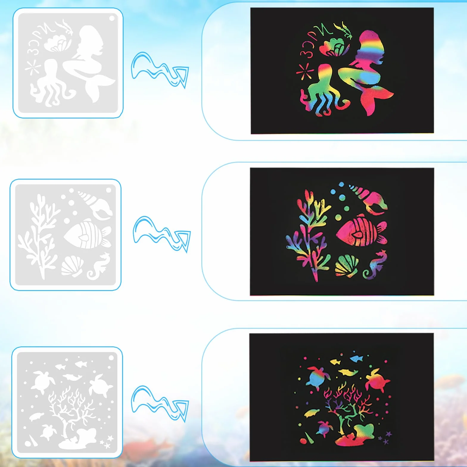 Juego de Papel Rascador Arco Iris, 70 Hojas Imágenes para Rascar con 7 Lápices y 3 Plantillas, Libro Mágico para Niños y Adultos
