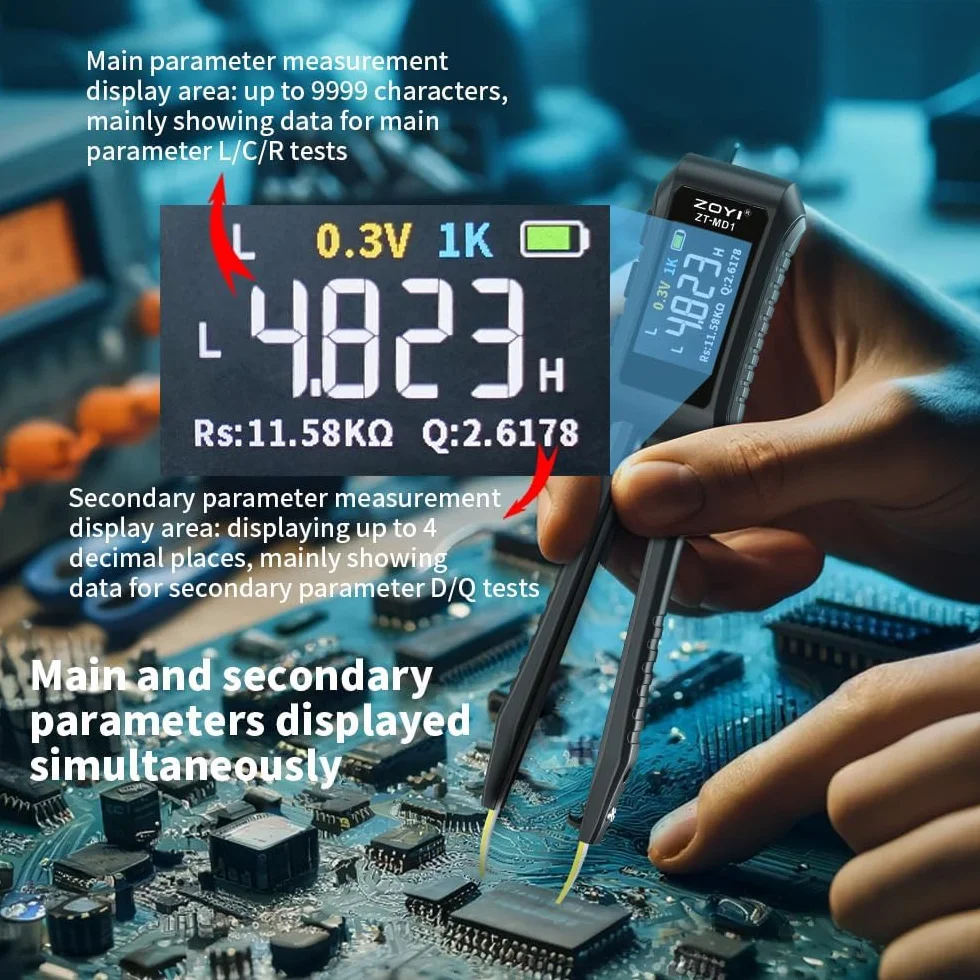 Puente de pinzas digitales inteligentes LCR ZT-MD1 Pantalla OLED para comprobador de componentes SMD ESR 9999 Conteo Condensadores Voltaje Frecuencia Diodo con 0,5% de precisión Multímetro digital