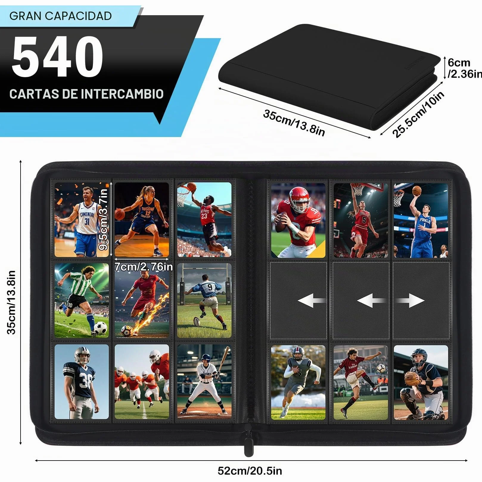 WITHYU Álbum de Colección de Cartas 9 Bolsillos 540 Cartas Carpeta Impermeable Carga Lateral Cremallera TCG Fútbol Coleccionables Negro