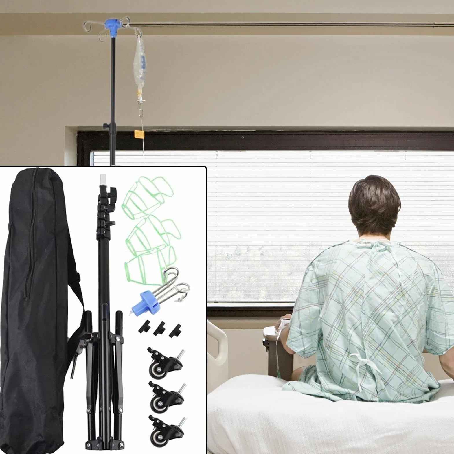 Soporte intravenoso con ruedas Plegable | Soporte de ajustable con gancho para botella Estable Portátil Altura Ajustable para Ancianos Cuidado Diario en Cama Hogar