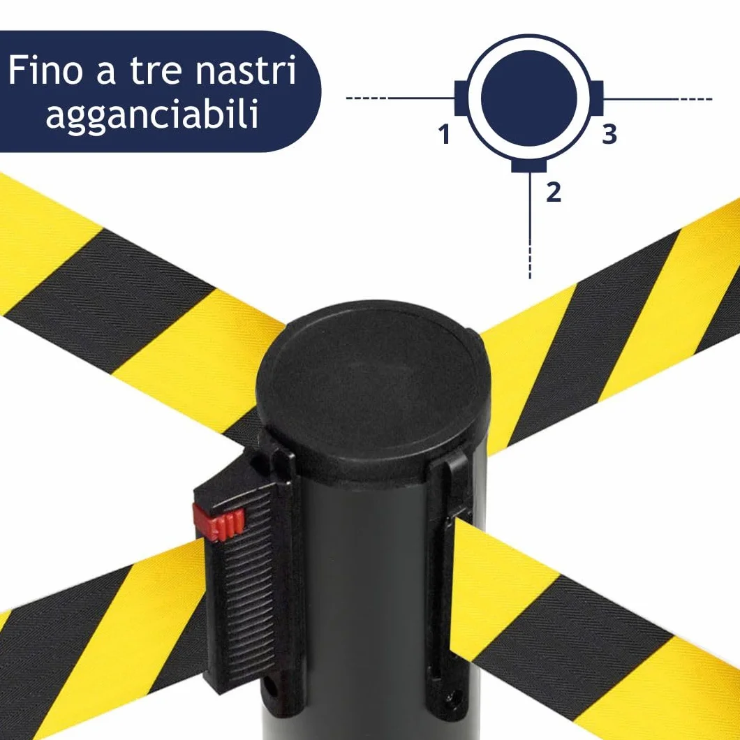 Postes separadores con cinta extensible 3 m, retráctil, seguridad, negro base reforzada, ámbitos diversos amarillo-negro
