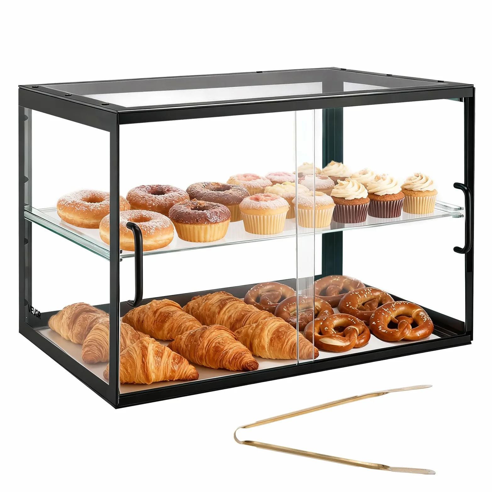 VEVOR Vitrina de Exhibición de Panadería 2 Niveles, Vitrina de Acrílica Transparente para Panadería 55 x 38,5 x 39 cm, con Puerta Corrediza, Escaparate para Repostería, para Galletas, Postres, Donas