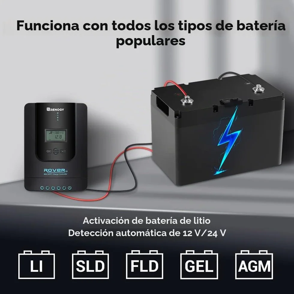 Renogy Regulador de Carga Solar MPPT 40A 12V/24V con Pantalla LCD Ajustable y Entrada DC Compatible con Módulo Bluetooth
