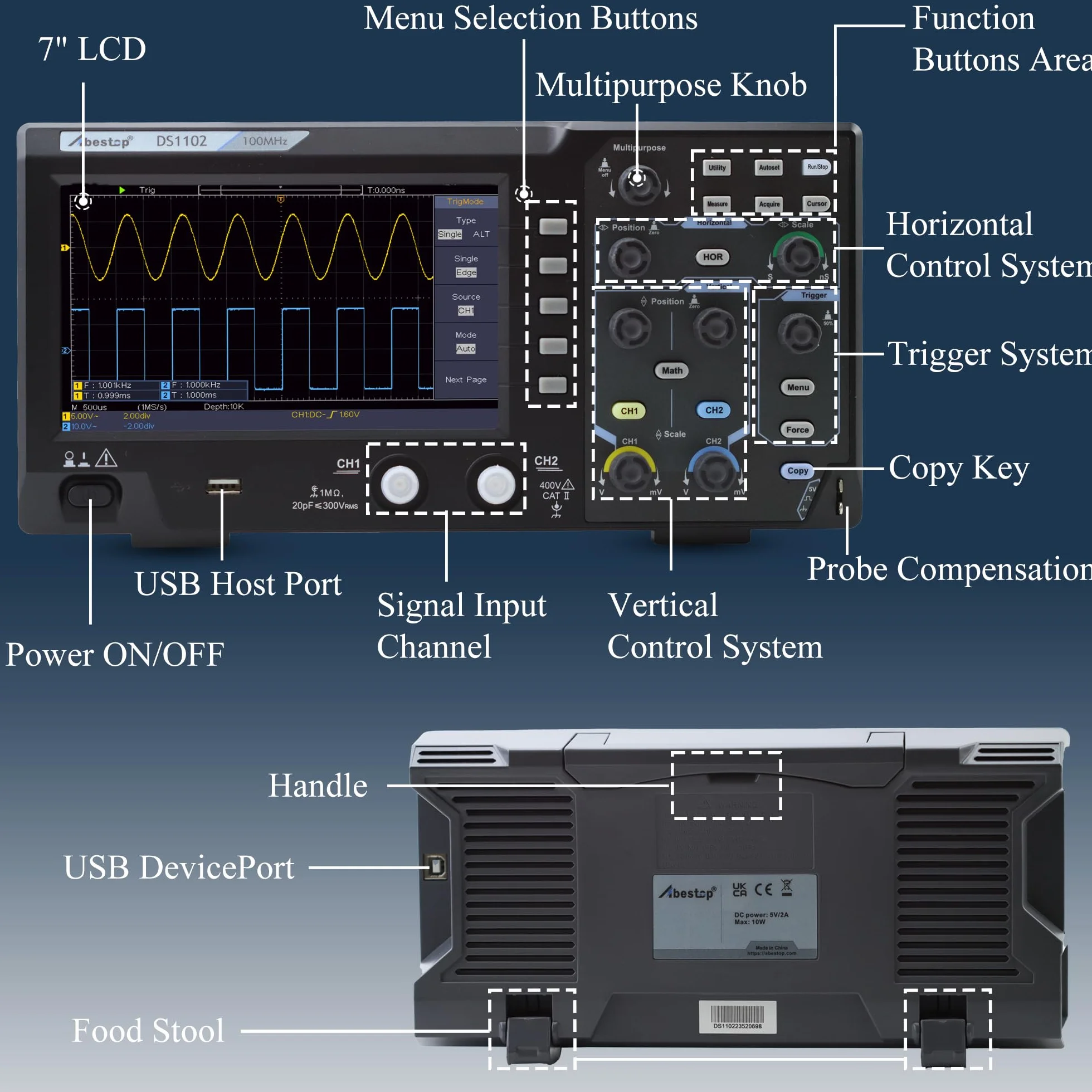 Osciloscopio de escritorio de 100MHz, osciloscopio de memoria de dos canales con pantalla TFT-LCD de 7", osciloscopio digital portátil ligero (DS1102)