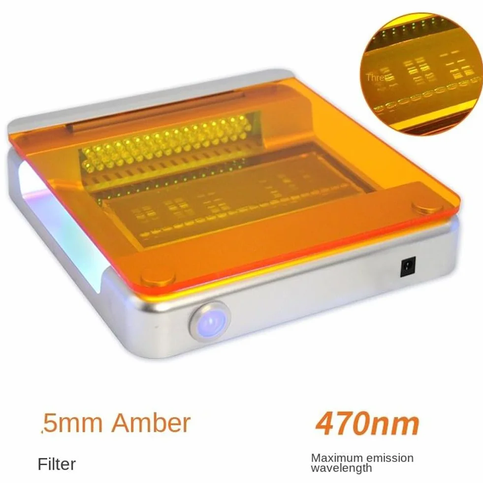 Transiluminador de luz azul para electroforesis en gel, 160 mm x 70 mm, intensidad ajustable, filtro ámbar, longitud de onda máxima de 470 nm, ideal para laboratorio y uso biológico