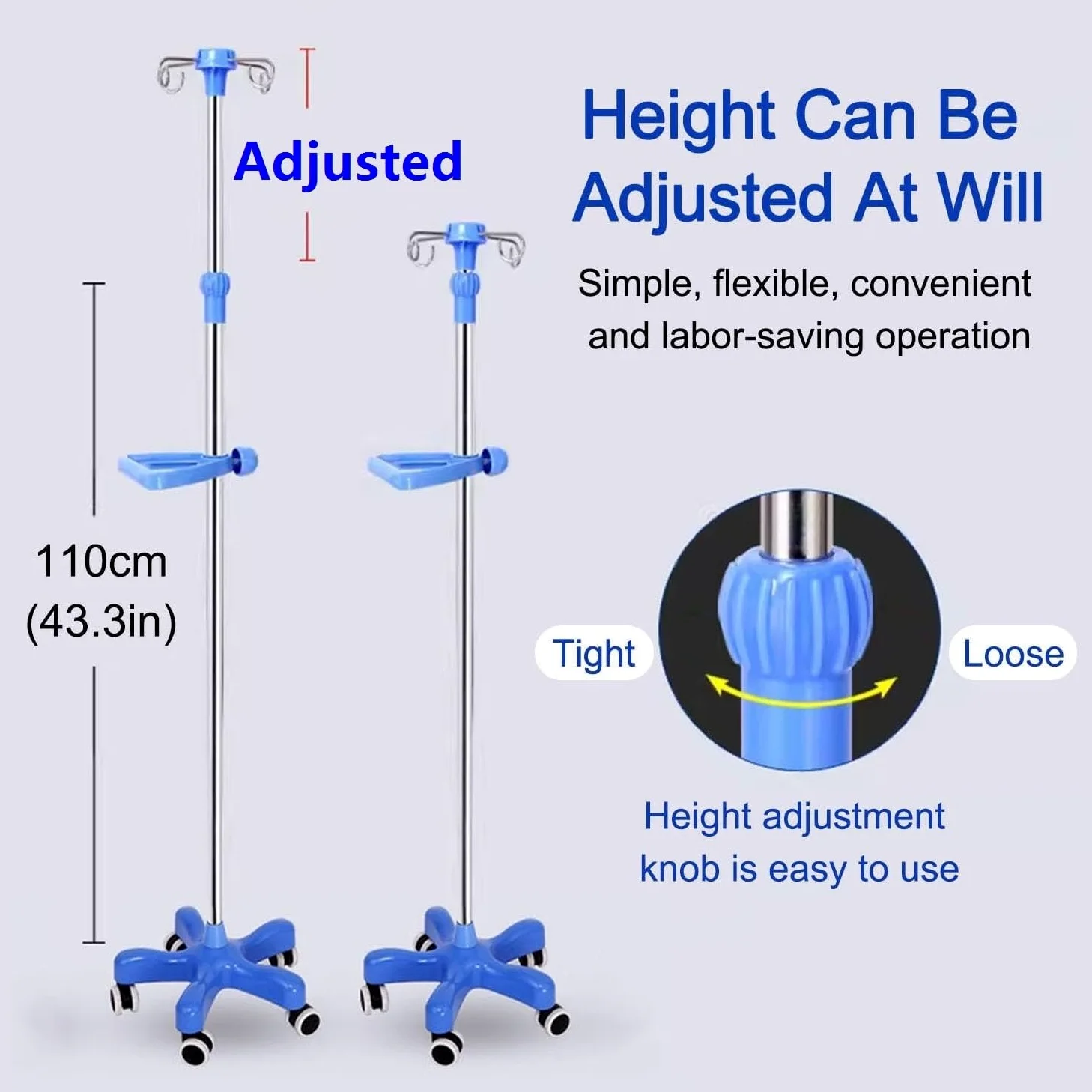 Soporte intravenoso portátil for uso médico con ruedas, soporte intravenoso con 4 ganchos y bandeja, altura ajustable de 1,5-2M for hospital y hogar Postes IV