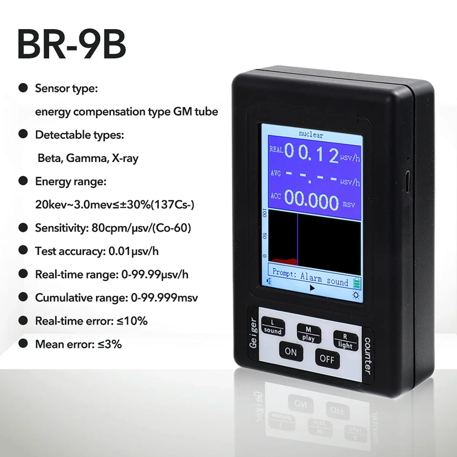 BR-9B Portátil Geiger Contador Detector de radiación nuclear Dosímetro personal Tester mármol rayos X EMF Metro oficina, al aire libre