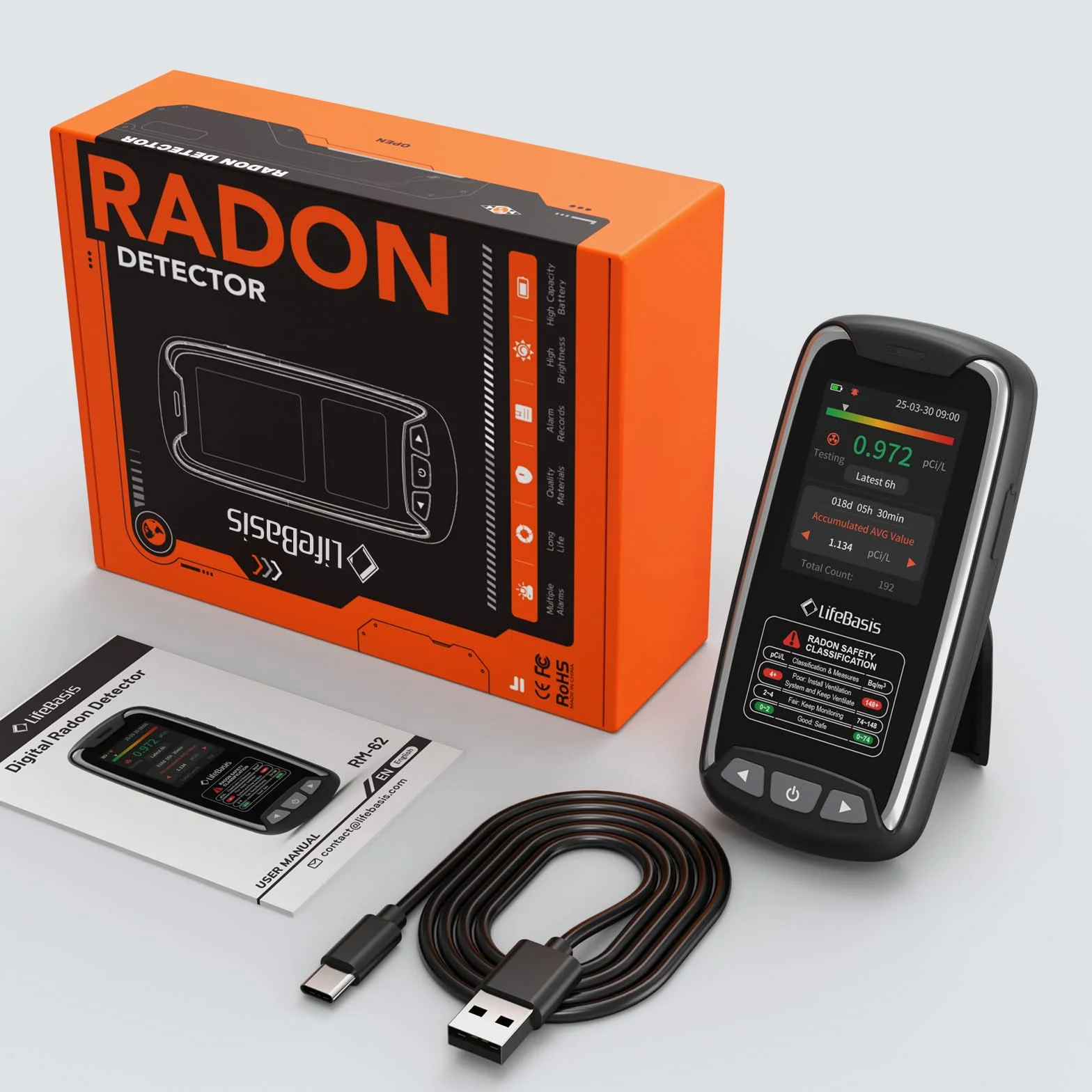 Monitor de radón portátil LifeBasis para uso doméstico,sensor de alta precisión, almacenamiento de datos de larga duración con alarma visual y sonora,visualización de datos iniciales en 6 Bq/m³o pCi/L