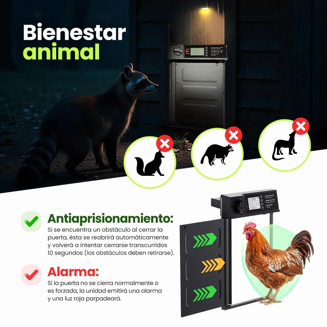 Puerta gallinero automatica Solar con batería 5000 mAh, Mando a Distancia, Aluminio Resistente, 7 Modos Apertura, Impermeable IP45, Alarma integrada y termómetro/higrómetro Conectado