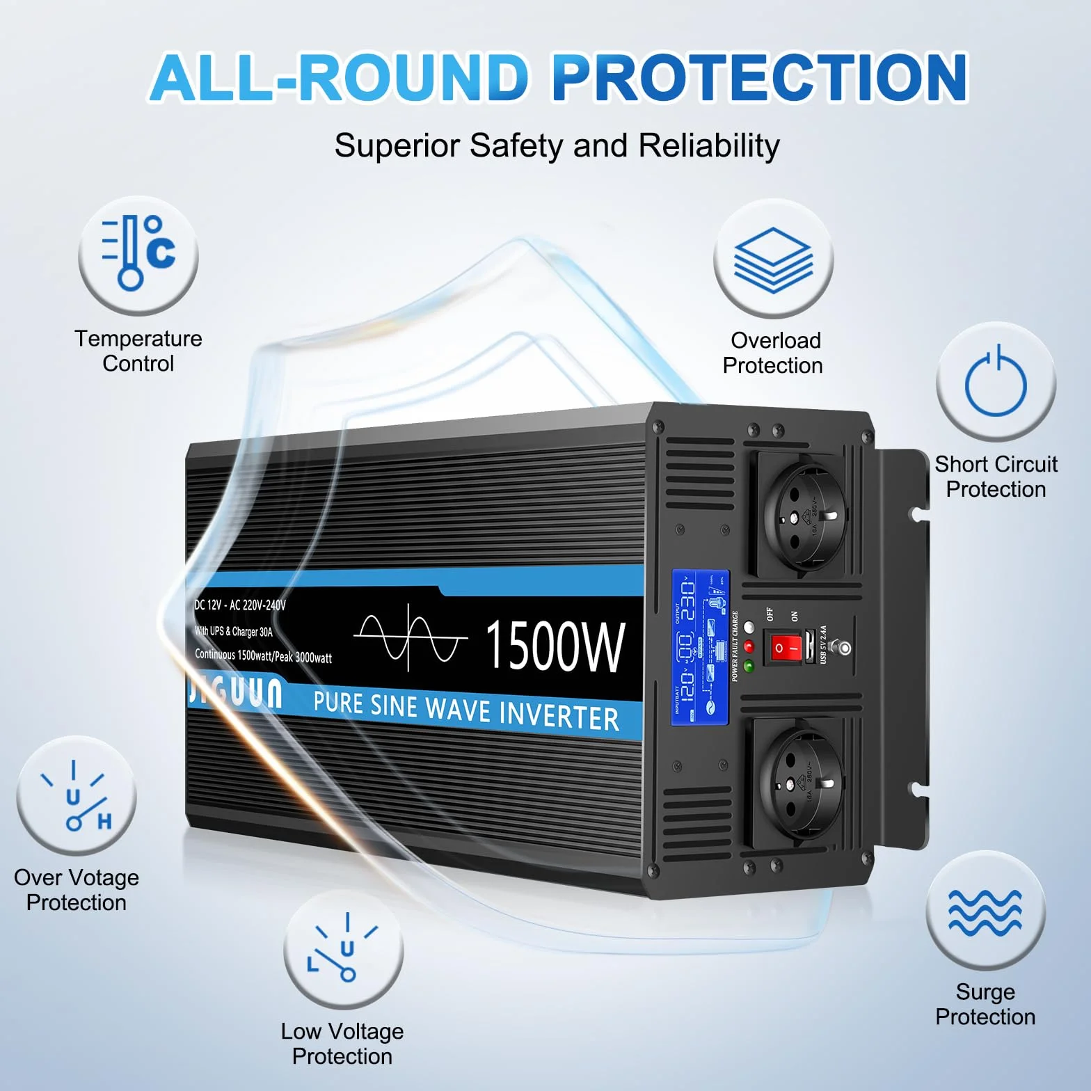 JIGUUN 1500W Inversor 12V 220V Onda Pura Inverter con Cargador 30A y Circuito Prioritario de Red y SAI，2 Tomas EU, Mando a Distancia Inalámbrico y Pantalla LCD Potencia Pico 3000W