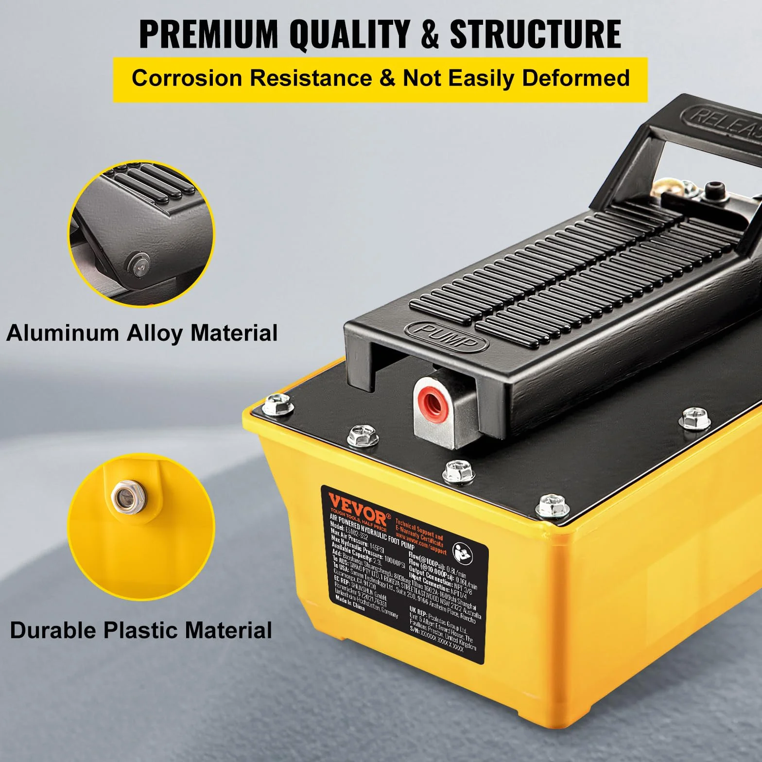 VEVOR Bomba Hidráulica de Pie 10000psi, Bomba Neumática Hidráulica con Manguera 200mm y Pistola Rociadora, Capacidad 2.3L Bomba Hidráulica de Aire Control de Pedal Simple para Maquinari