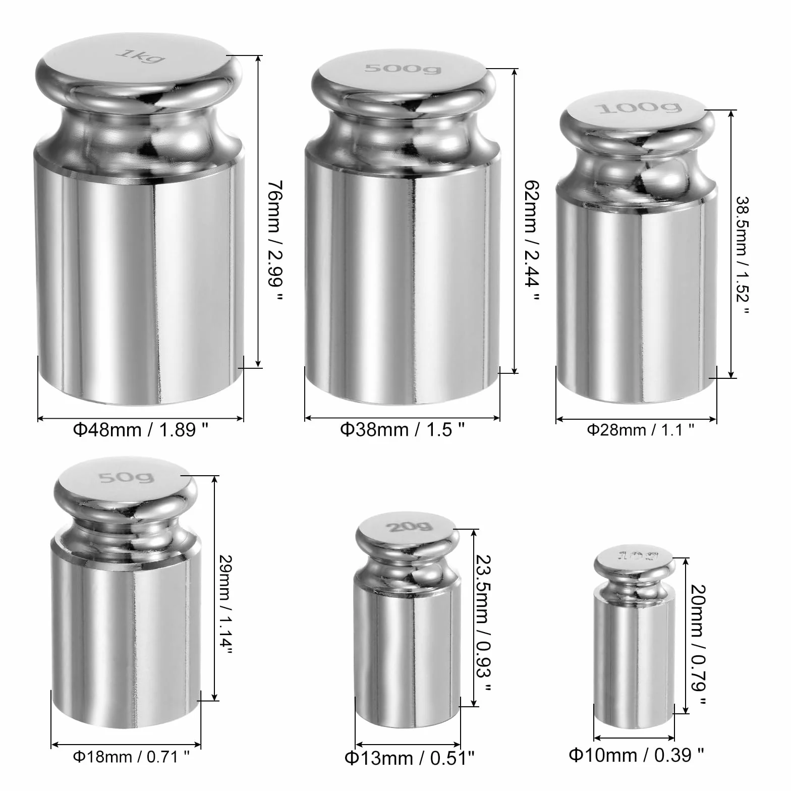 sourcing map Juego de 15 pesas de calibración de 10 g, 20 g, 50 g, 100 g, 500 g, 1 kg, acero cromado de precisión M1 para básculas de equilibrio digitales