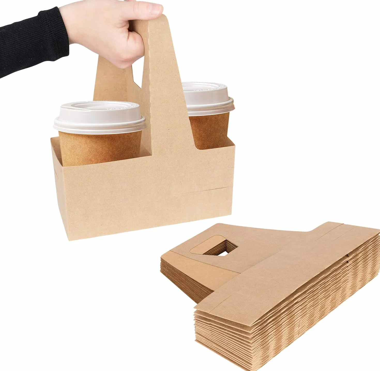 Soporte para 2 tazas, bandeja de transporte de cartón kraft para 2 tazas con asa, paquete de 250 soportes desechables para bebidas calientes o frías