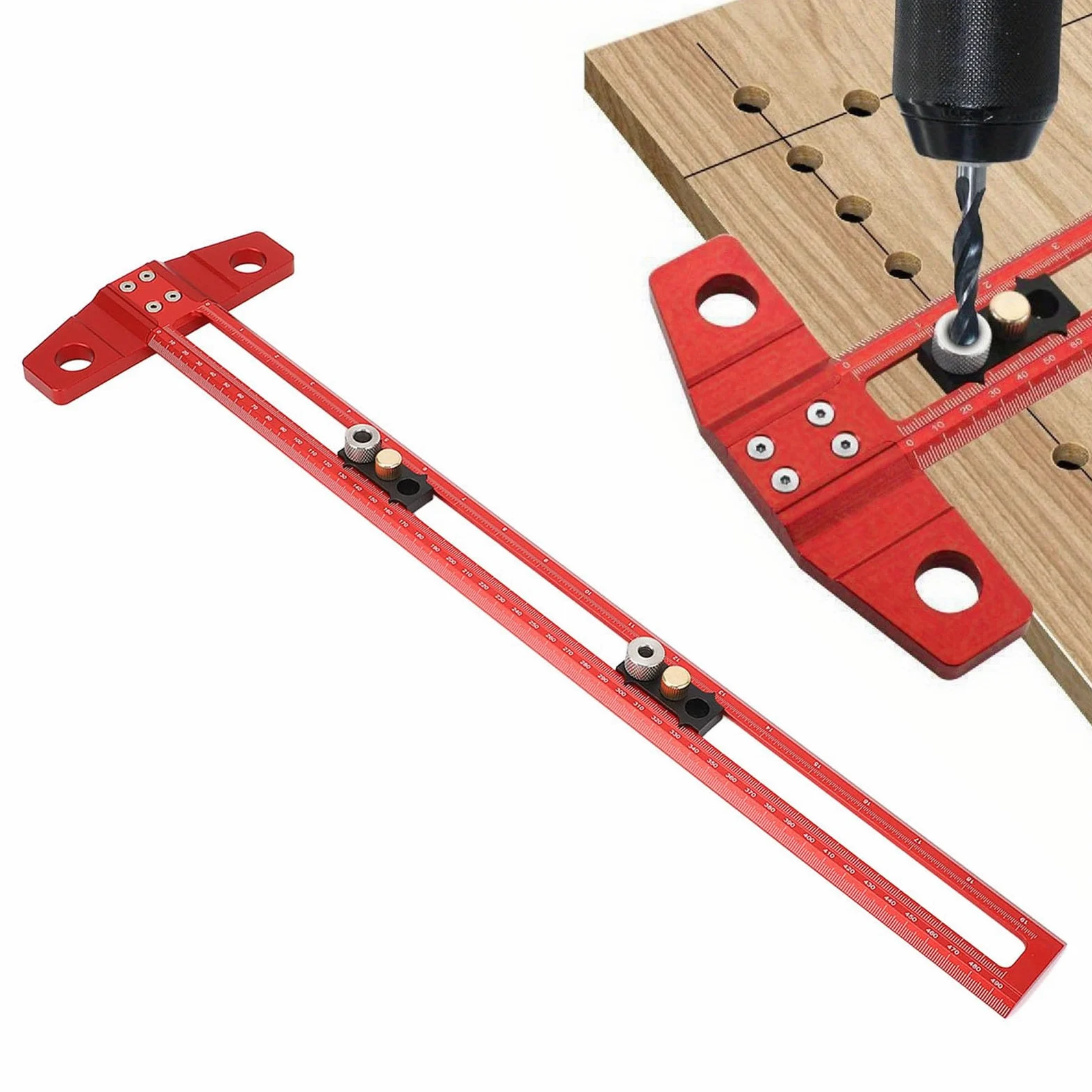 regla, Escuadra en T for carpintería, manguitos de taladro intercambiables 6, 8 y 10 mm for precisa