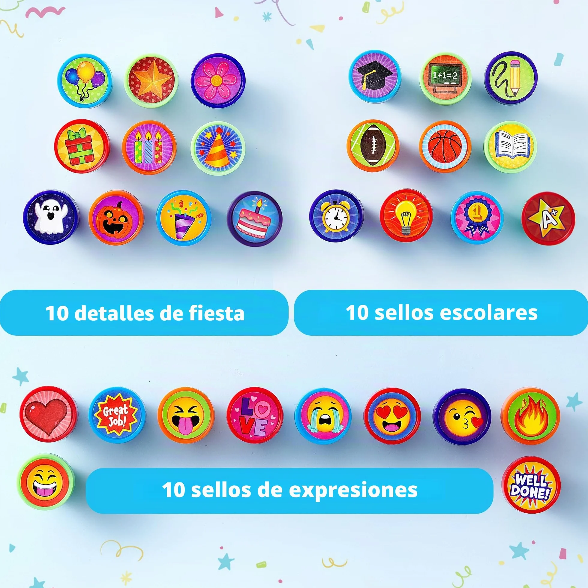 JOYIN 50 sellos autoentintados surtidos para niños con 50 diseños para fiesta de cumpleaños, premios, Halloween, Navidad