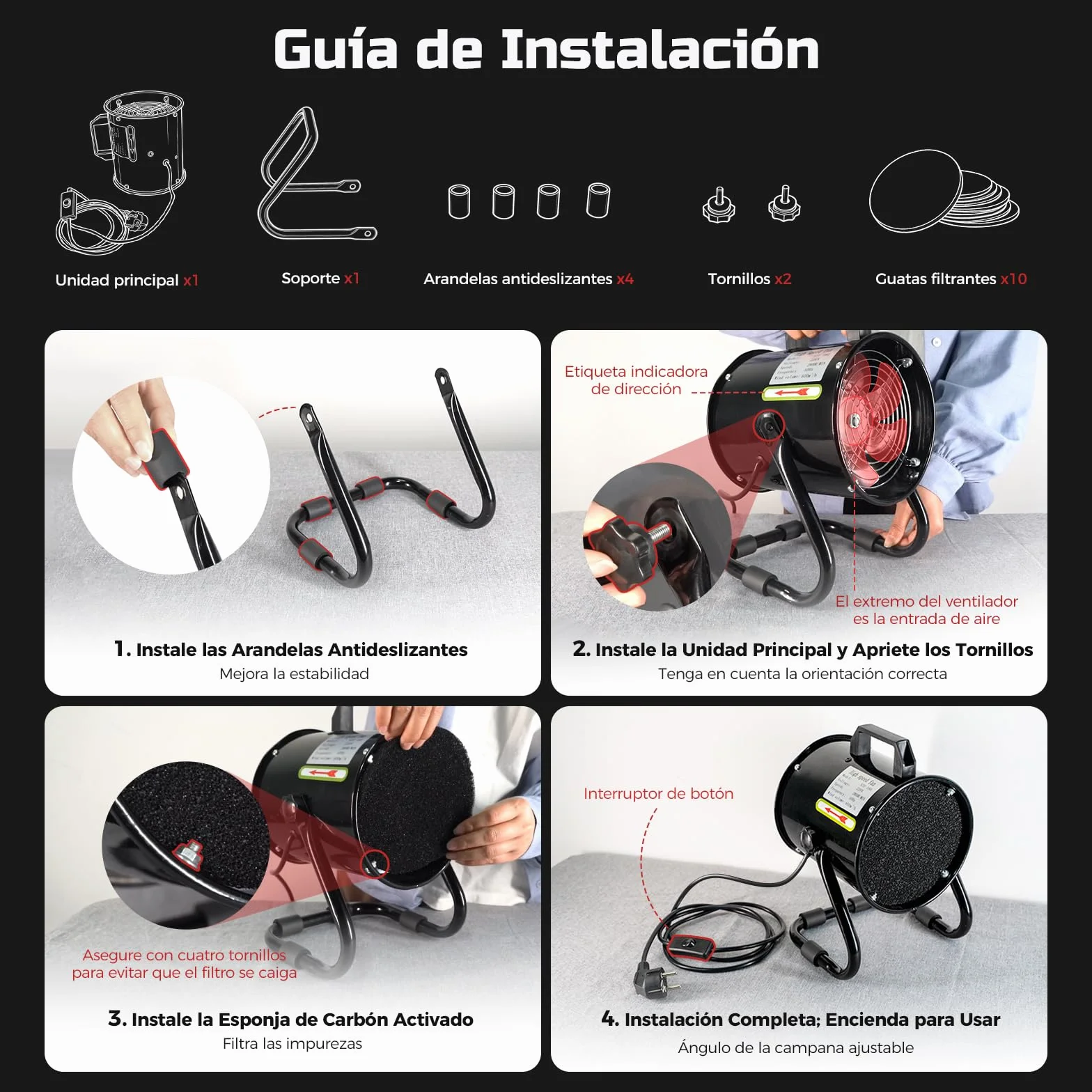 Campana Extractora Portátil 40W 600m³/h Extractor Aire Humos Aleación Aluminio con Filtro Carbón Activado Ajustable Bajo Ruido para Cocina RV