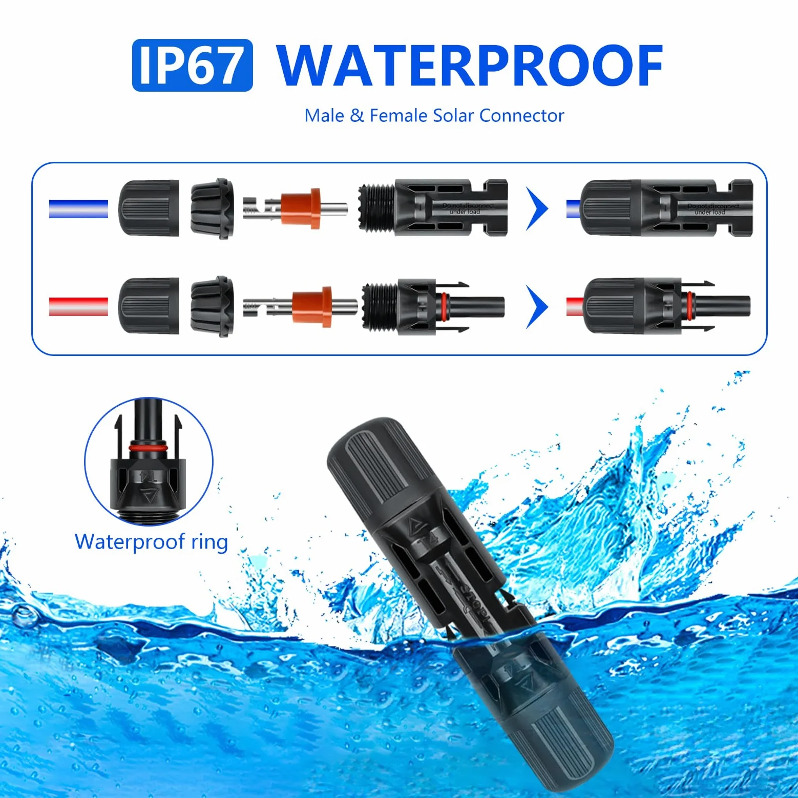 80 conectores solares, 40 pares de conectores de panel solar impermeables IP67 con 2 llaves, adecuados para cable solar de 14 a 10 AWG