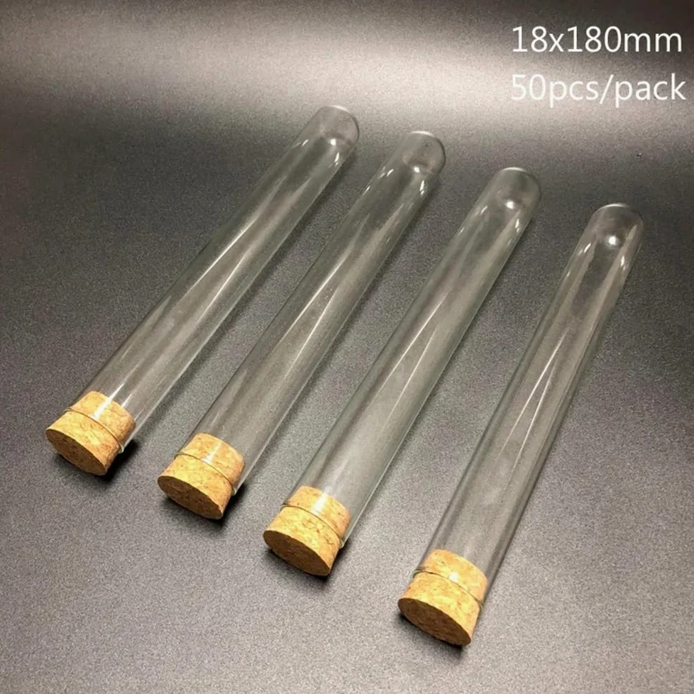 Prueba de vidrio, Paquete de 50 tubos de ensayo de vidrio de fondo redondo de 18 x 180 mm y 30 ml con tapón for laboratorio.