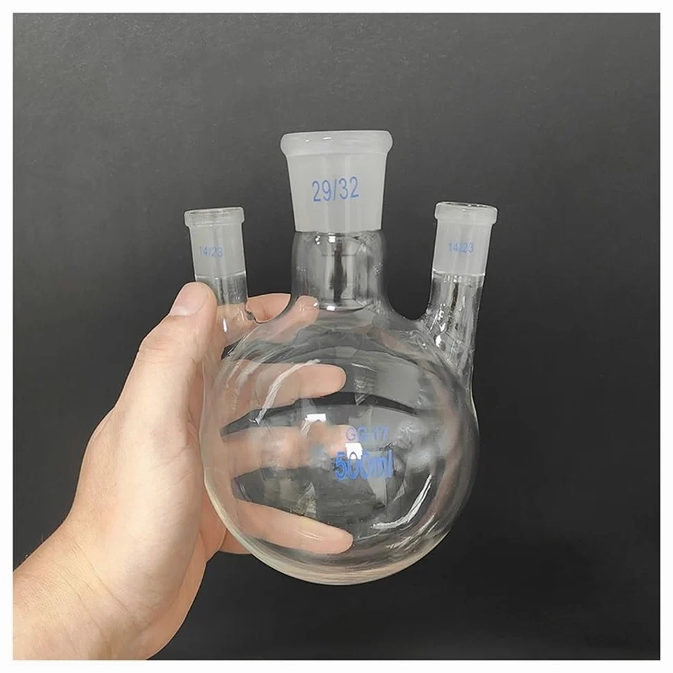 Matraz de tres bocas, forma recta, con tres bocas, junta esmerilada estándar 29/32, junta lateral 14/23(500mL)