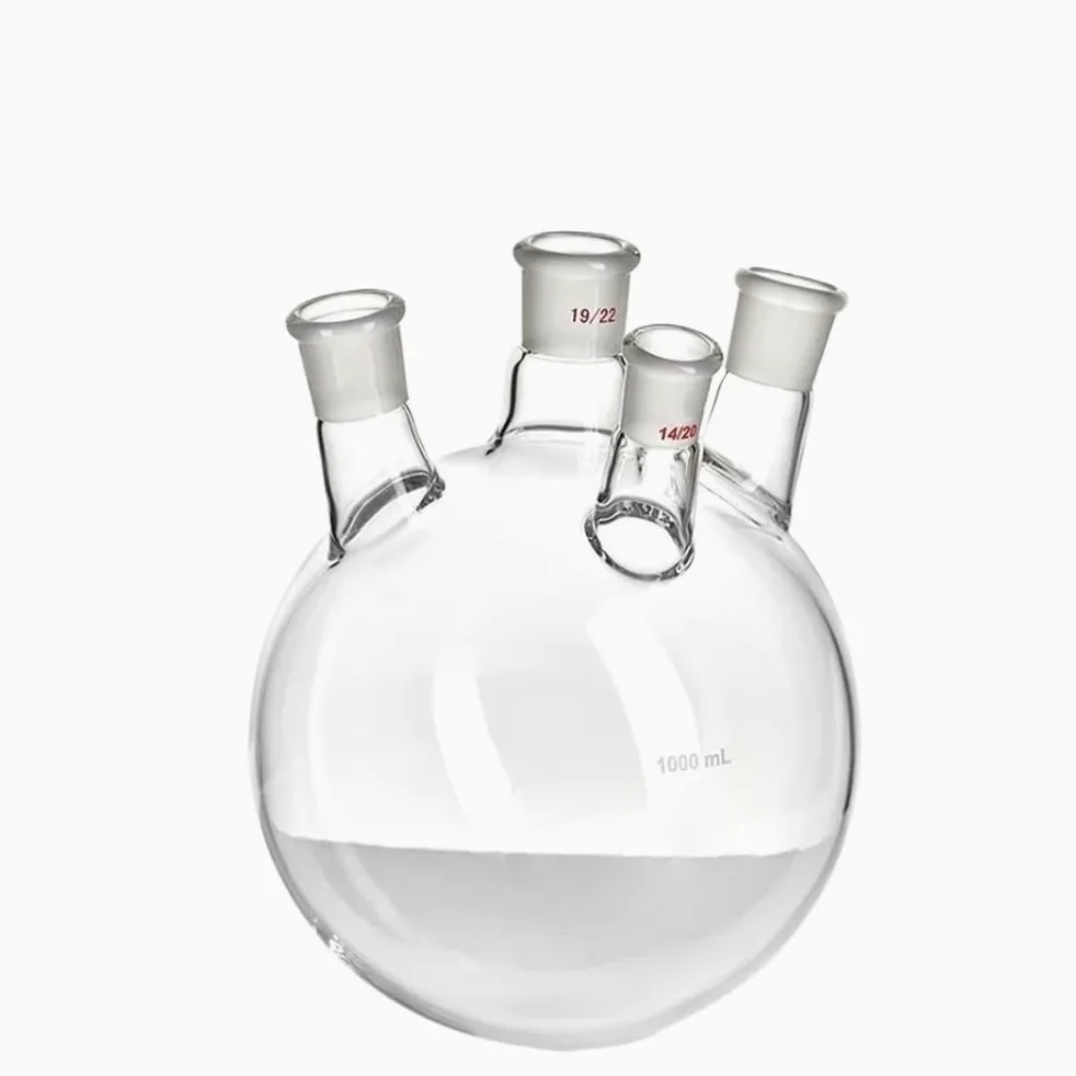 For laboratorio, frasco oblicuo de cuatro bocas de paredes gruesas, matraz de cuatro bocas de forma oblicua, capacidad 1000 ml, vidrio de borosilicato(1000mL-F2290091)