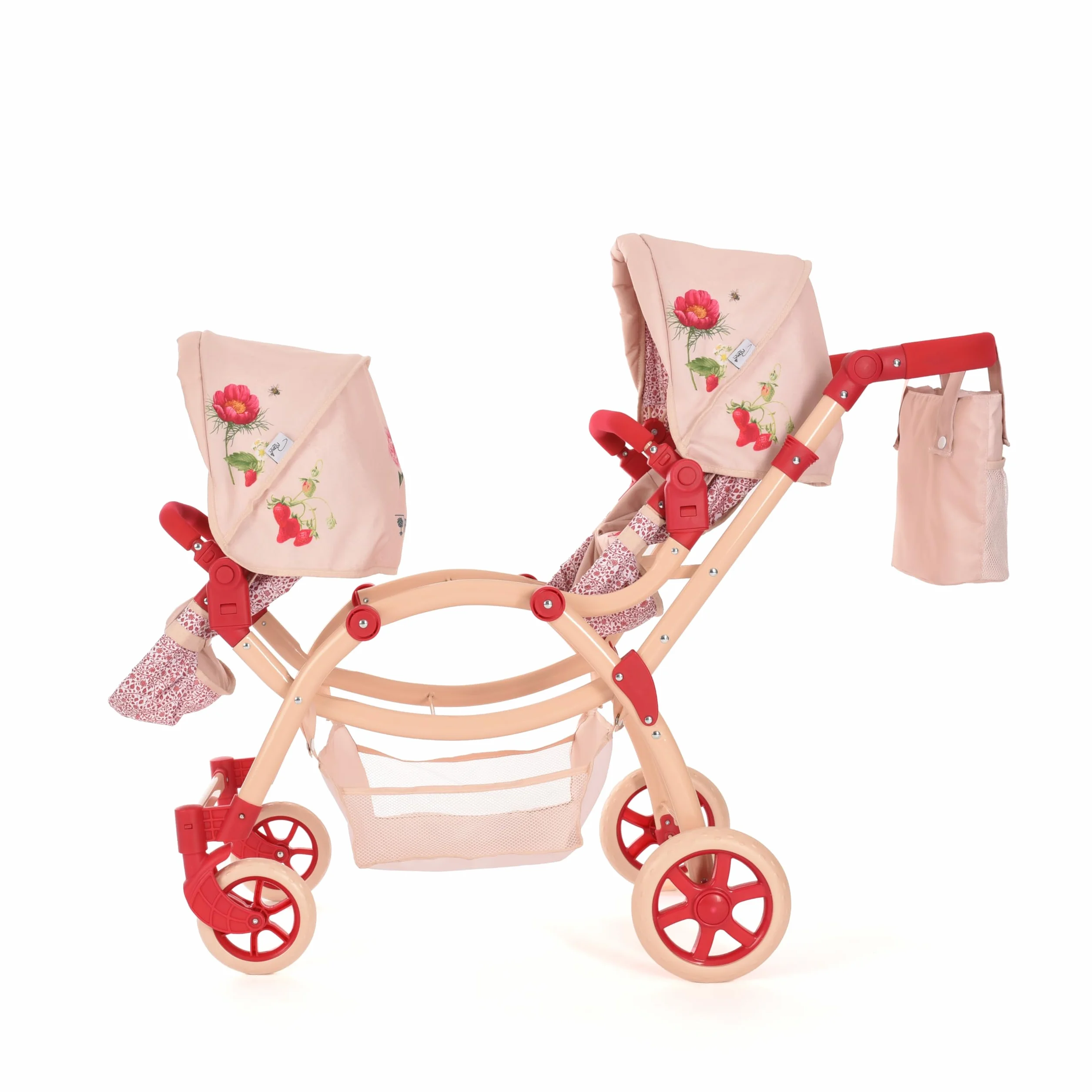 Cochecito para Muñecas Gemelas Roma RHS Flora, Silla de Paseo Doble, Color Crema y Rojo Baya, Manillar Ajustable 69-84 cm
