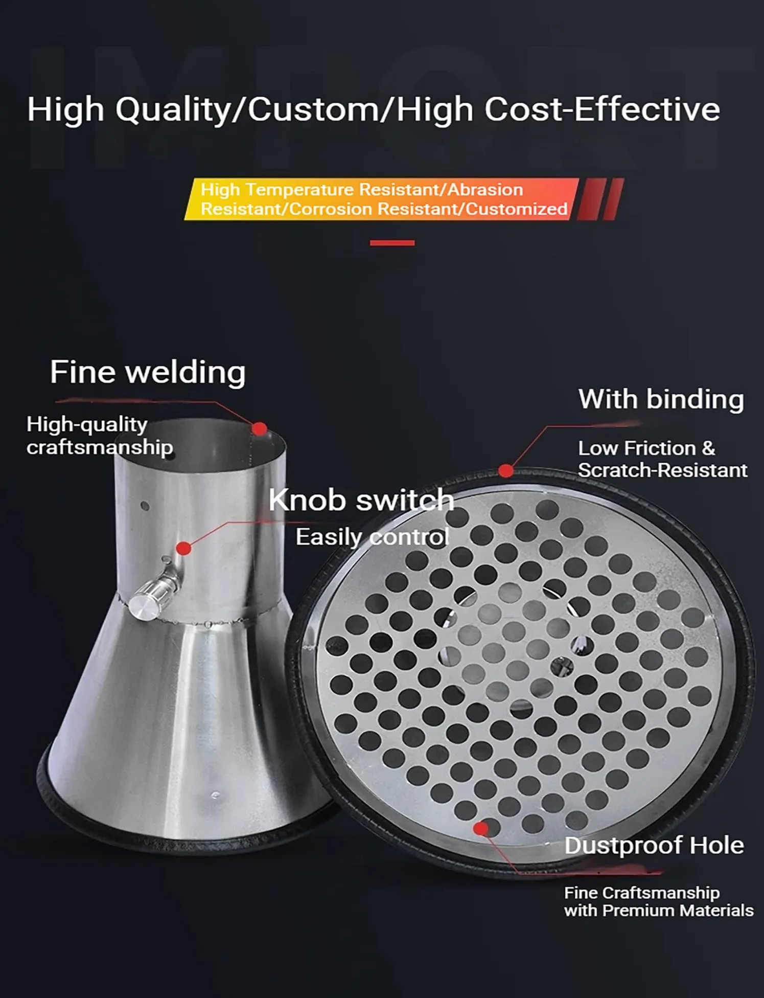 Campana de humo de acero inoxidable 304, tubo de escape redondo de soldadura con succión ajustable para colección industrial, 35 cm de diámetro, 14 cm de apertura