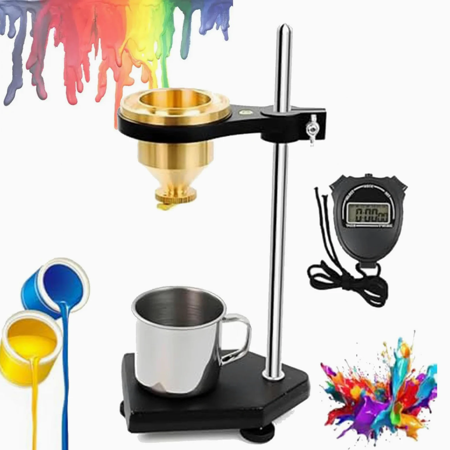 Viscosímetro de pintura con copa de flujo de latón, medidor de viscosidad de sobremesa, boquilla de flujo de 4 mm de diámetro, soporte ajustable y cronómetro, copa de flujo Ford para