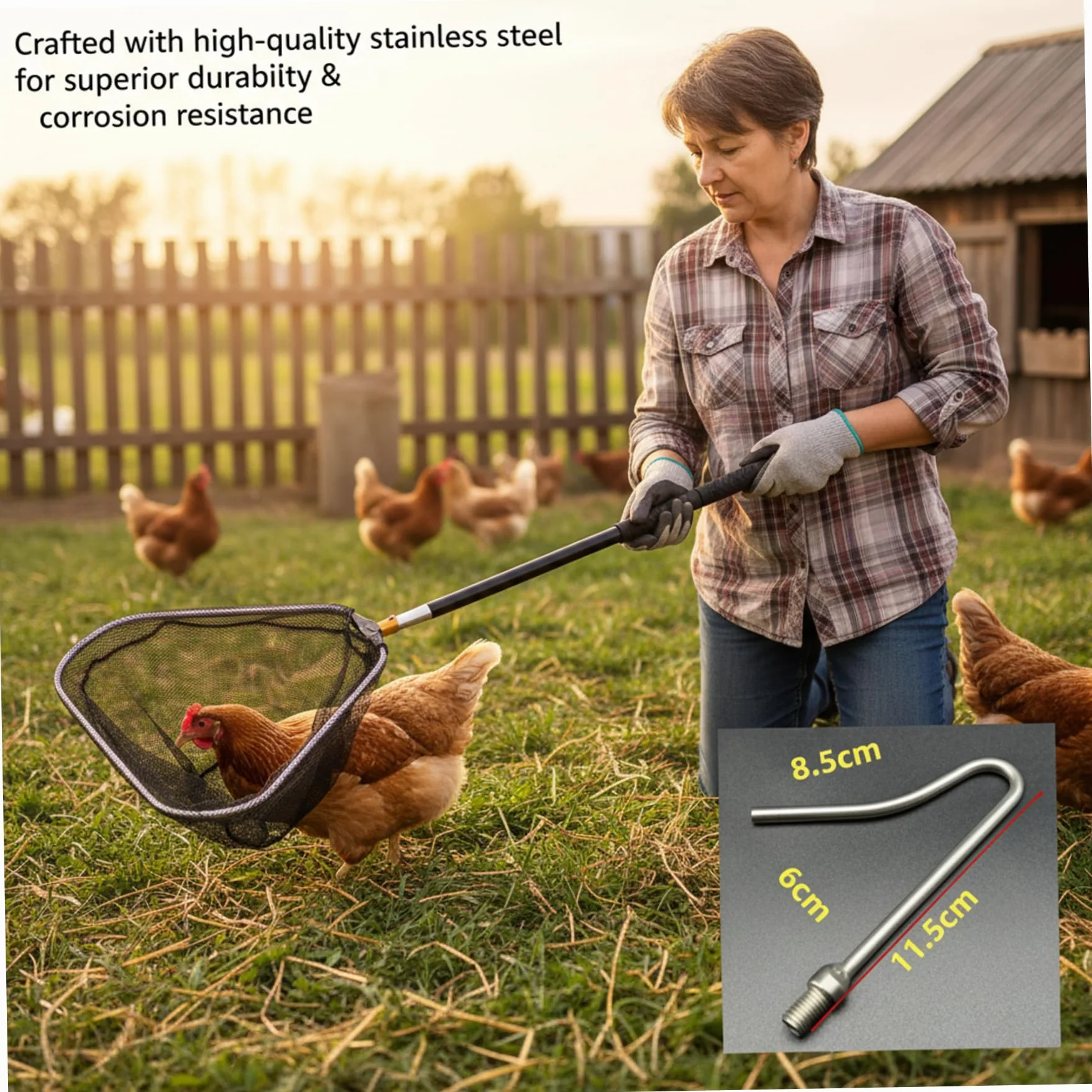 Colector de pollos, Red de captura de pollos, Colector telescópico con extensión de tubo de acero inoxidable, Gancho para aves de corral para pájaros, perros y animales pequeños