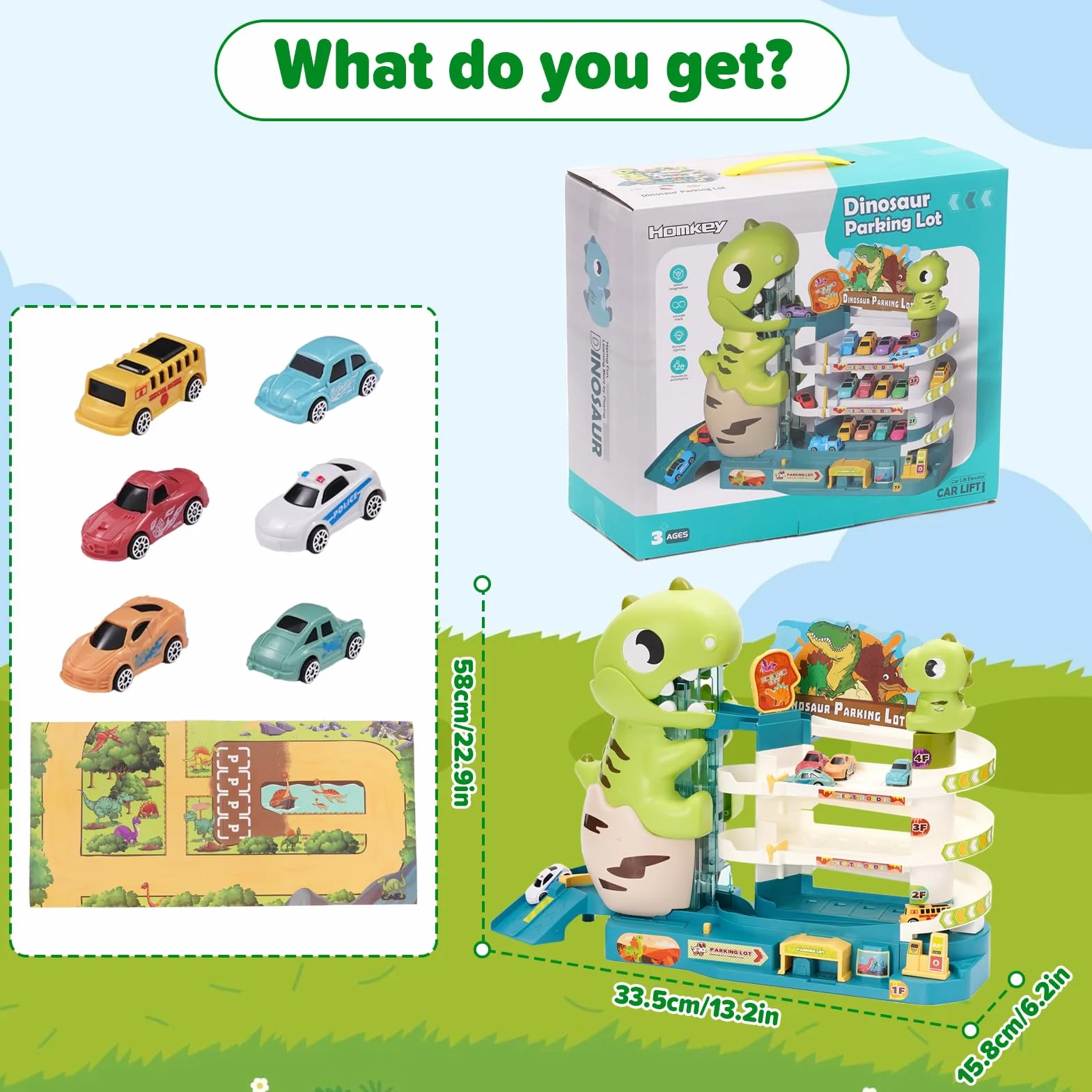 Parking Coches Juguete con Tres Plantas y Elevador, Dinosaurio Pista con 6 Autos, Regalos Educativos para Niños 5-9 Años