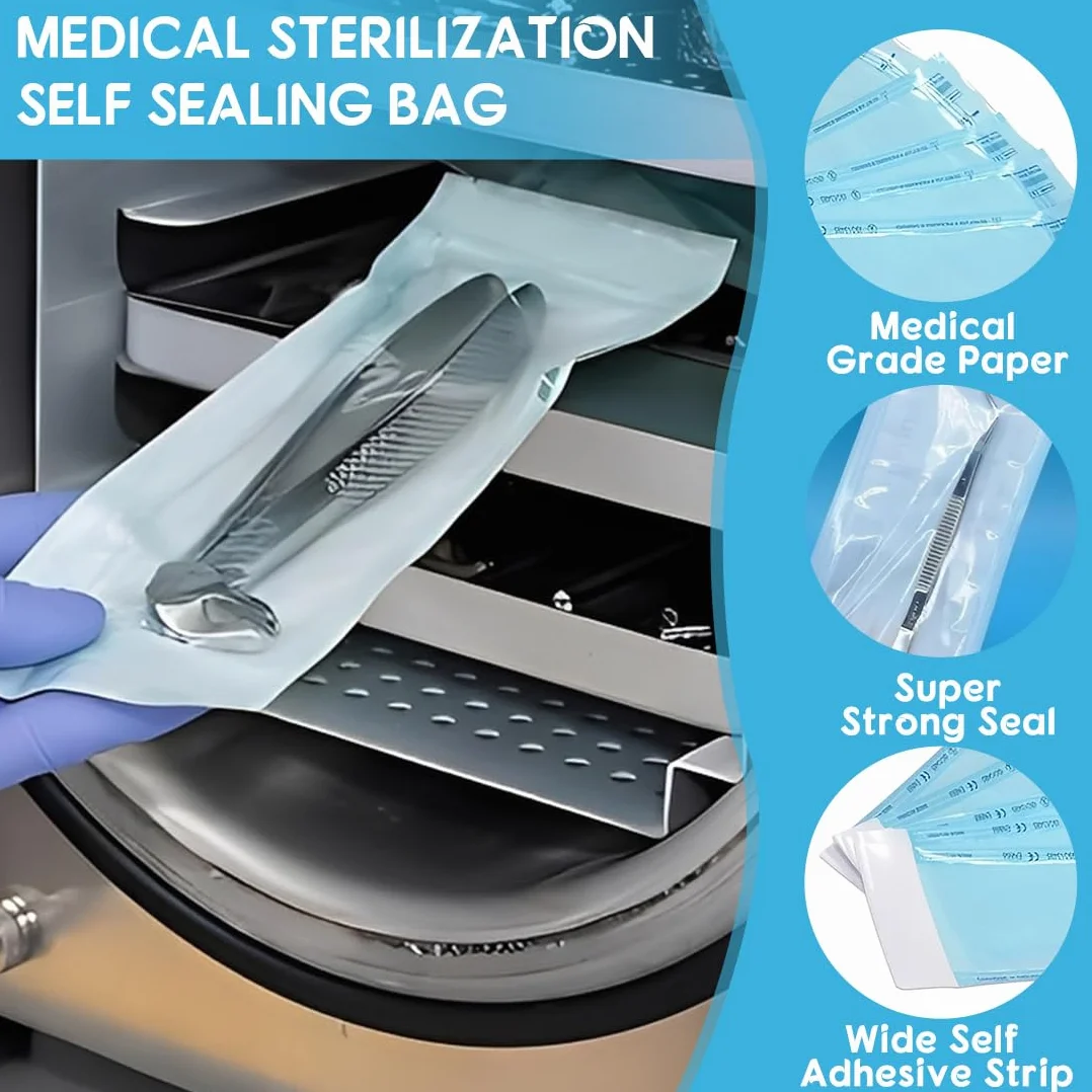 Autoadhesivas Bolsa de Autosellado, Pack 150 bolsas de esterilizacion para instrumentos dentales y manicura