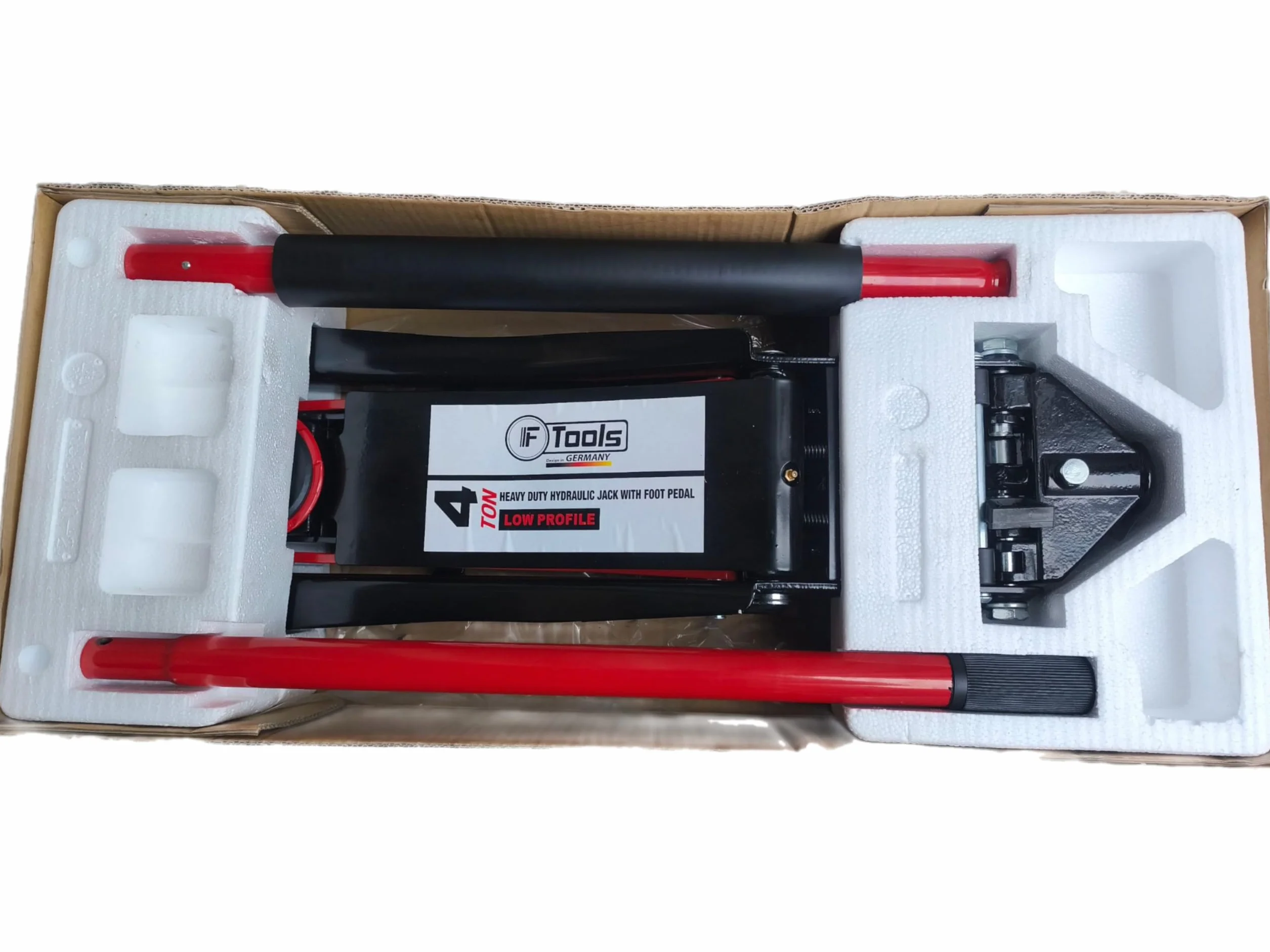 Gato hidráulico de 4T de doble pistón con pedal – Extra plano 75–500 mm – Elevación rápida y ruedas de 360° – Auto, SUV y furgoneta – Gato de taller profesional para maniobras