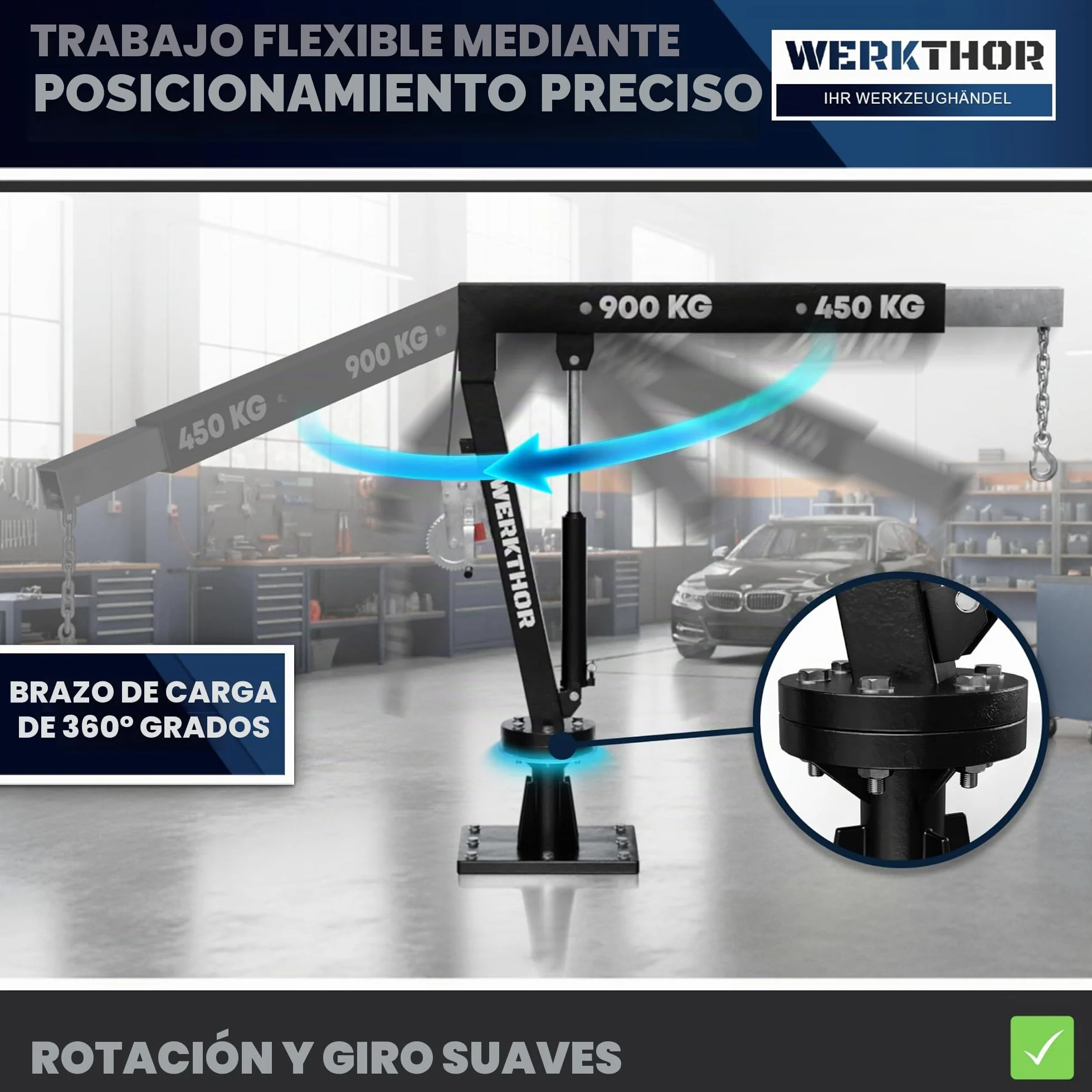 WERKTHOR Grúa de carga para Pick Up 900 kg con cabrestante e hidráulica – Grúa Pick Up para remolque y plataforma giratoria 360° – Mini grúa incl. material de montaje y base sólida – Grúa de taller