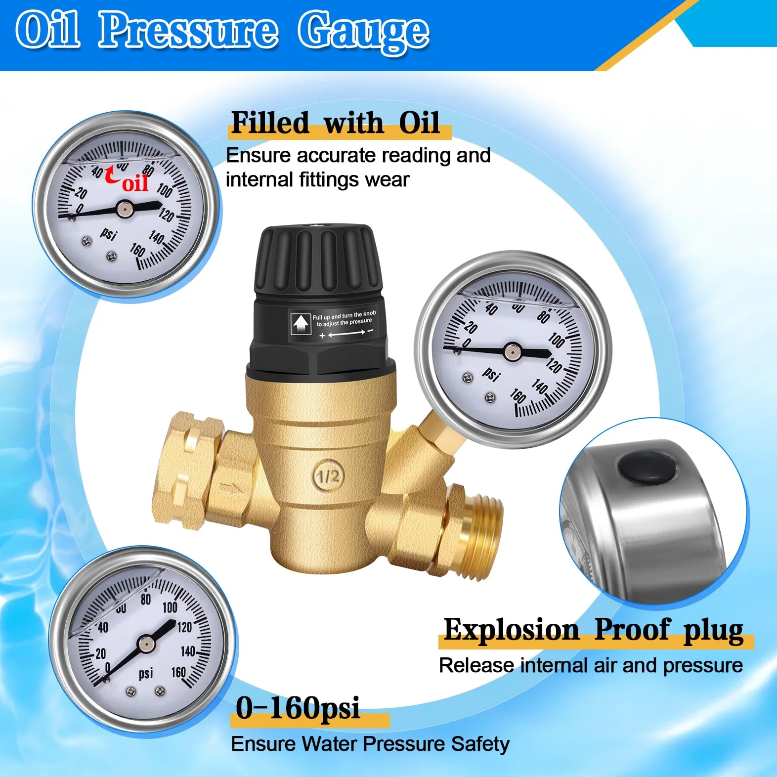 Regulador de presión de agua RV con mango ajustable, regulador de presión de agua para caravana, reductor de presión de agua mejorado para RV, ajuste de presión de agua RV estilo 1