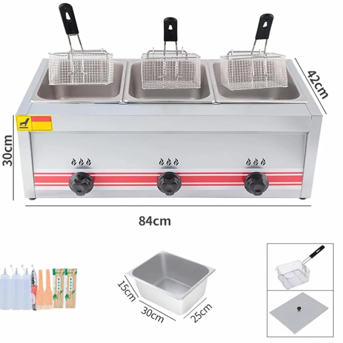 Freidora de Gas GLP Profesional, freidora Comercial de Acero Inoxidable con cestas y Tapas para freír, para cocinas comerciales, restaurantes y hogares, Triple Cilindro, 10 l + 10
