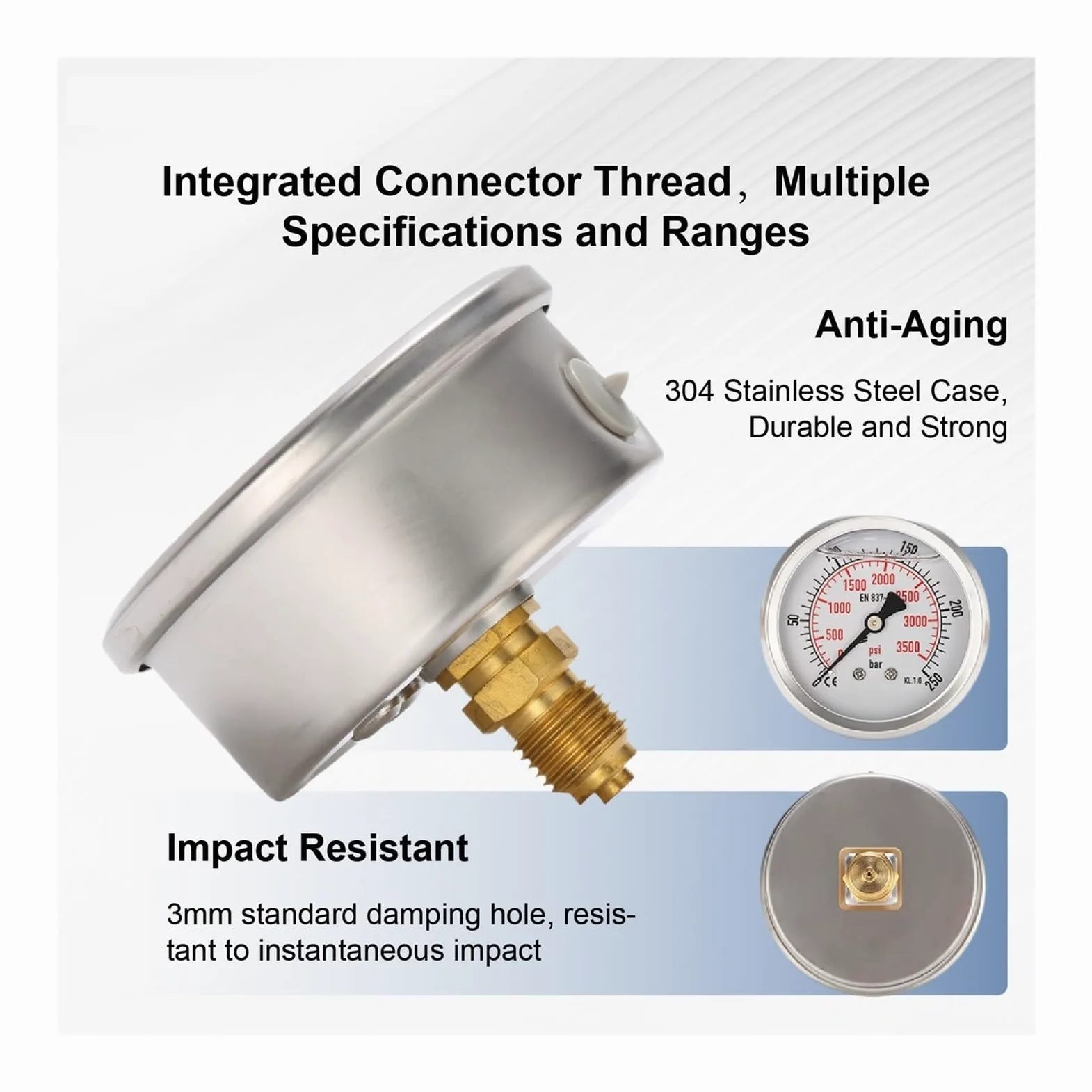 Manómetro, Manómetro de montaje Axial YN60, barra llena de líquido de acero inoxidable, e Dual Psi, resistente a vibraciones de alta precisión 1/4BSP | 0-16bar