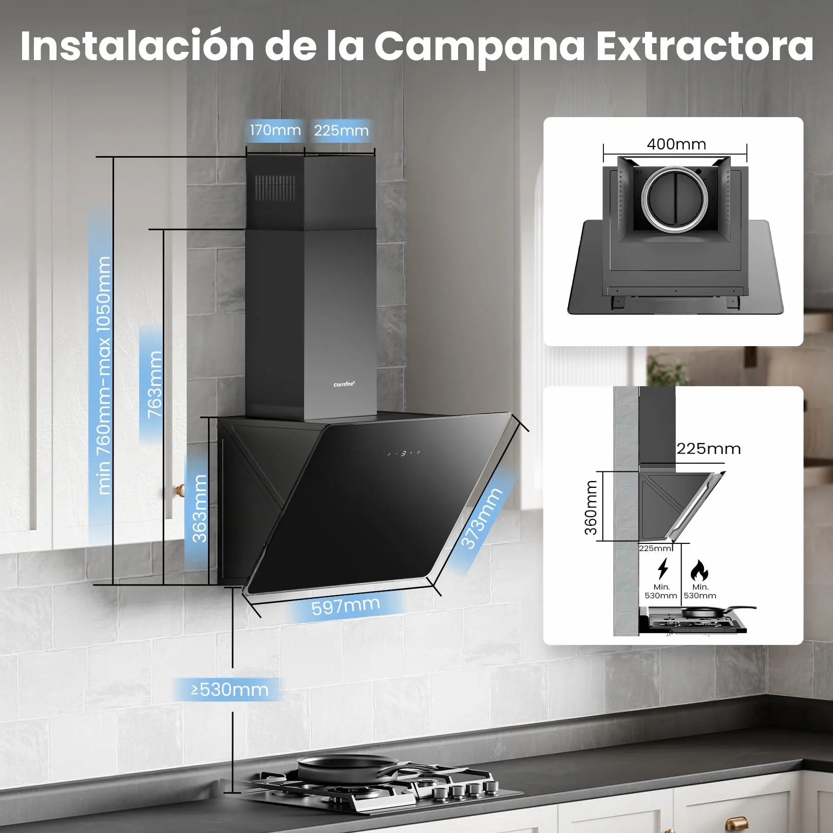 COMFEE' Campana Extractora Inclinada 60cm 400m³/h Vidrio Templado 3 Velocidades Pantalla Táctil LED Negro