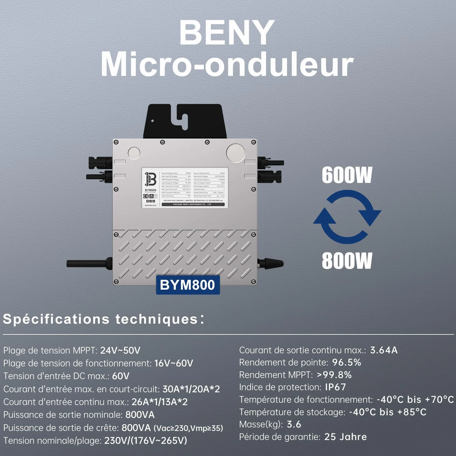 BENY Microinversor 800W- Inversor de conexión a Red con WLAN, Control App- Inversor de 800W a 600W Ajustable- IP67 Resistente al Agua- Cable de conexión de 5M de Largo- Plug and Play