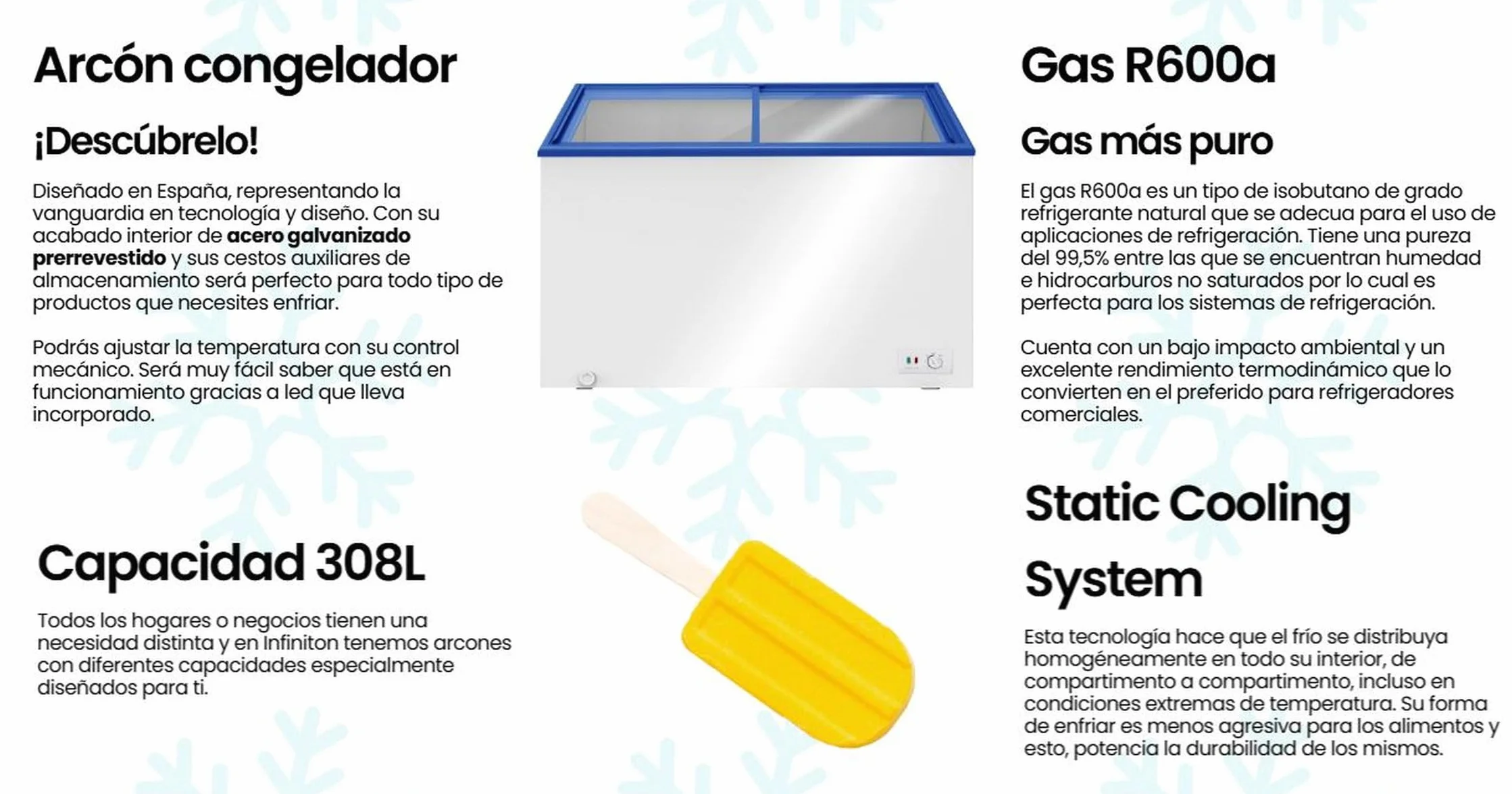 INFINITON Arcon Congelador Industrial FCH-309CC82WEC 309 Litros Puerta Flat Control Mecánico Ruedas Cierre Seguridad Llave