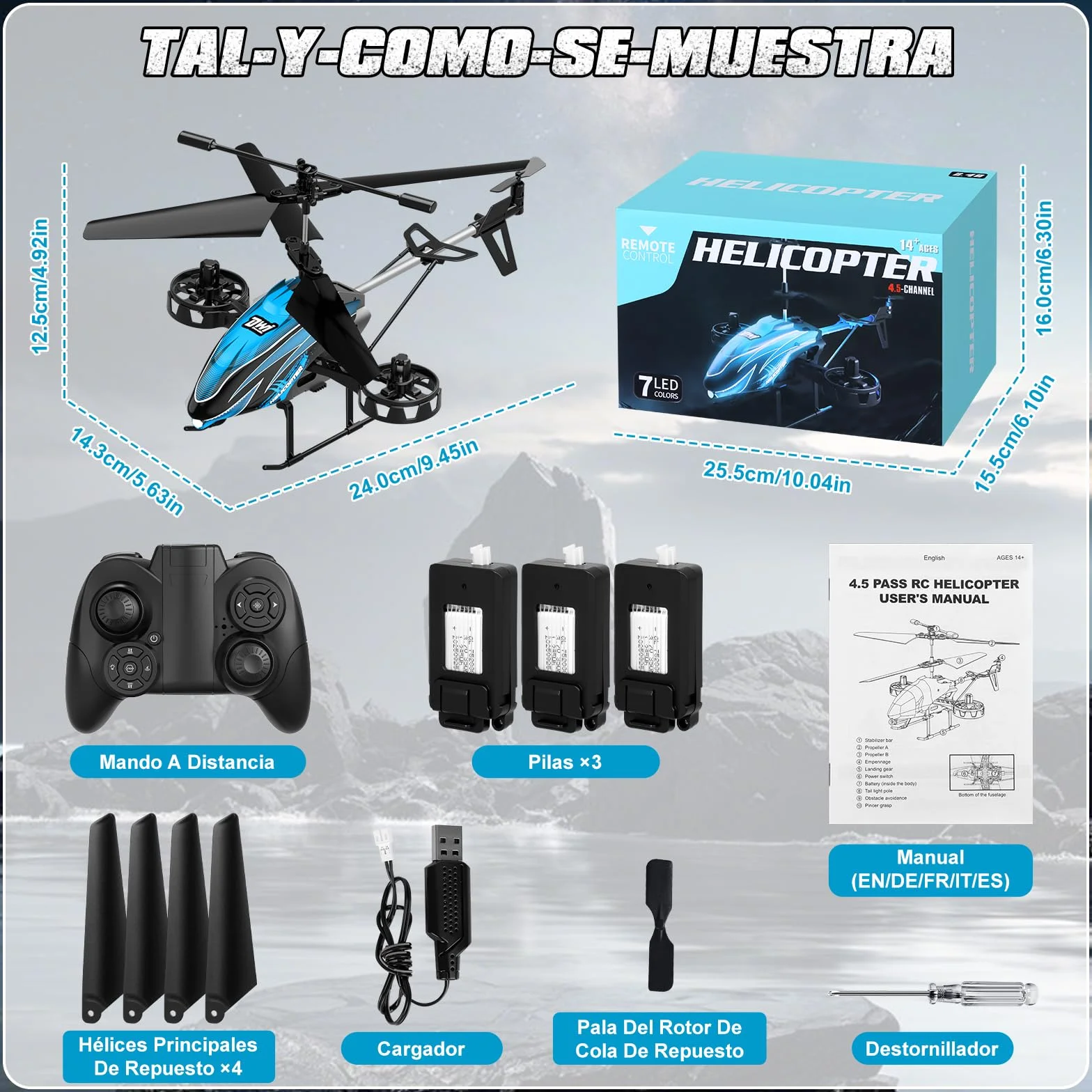 Charmofun Helicóptero Teledirigido 2.4G RC con 7 Luces, 3 Baterías, 33 Minutos Vuelo, 4.5 Canales, Giroscopio, Regalo para Niños 6+ Años Azul