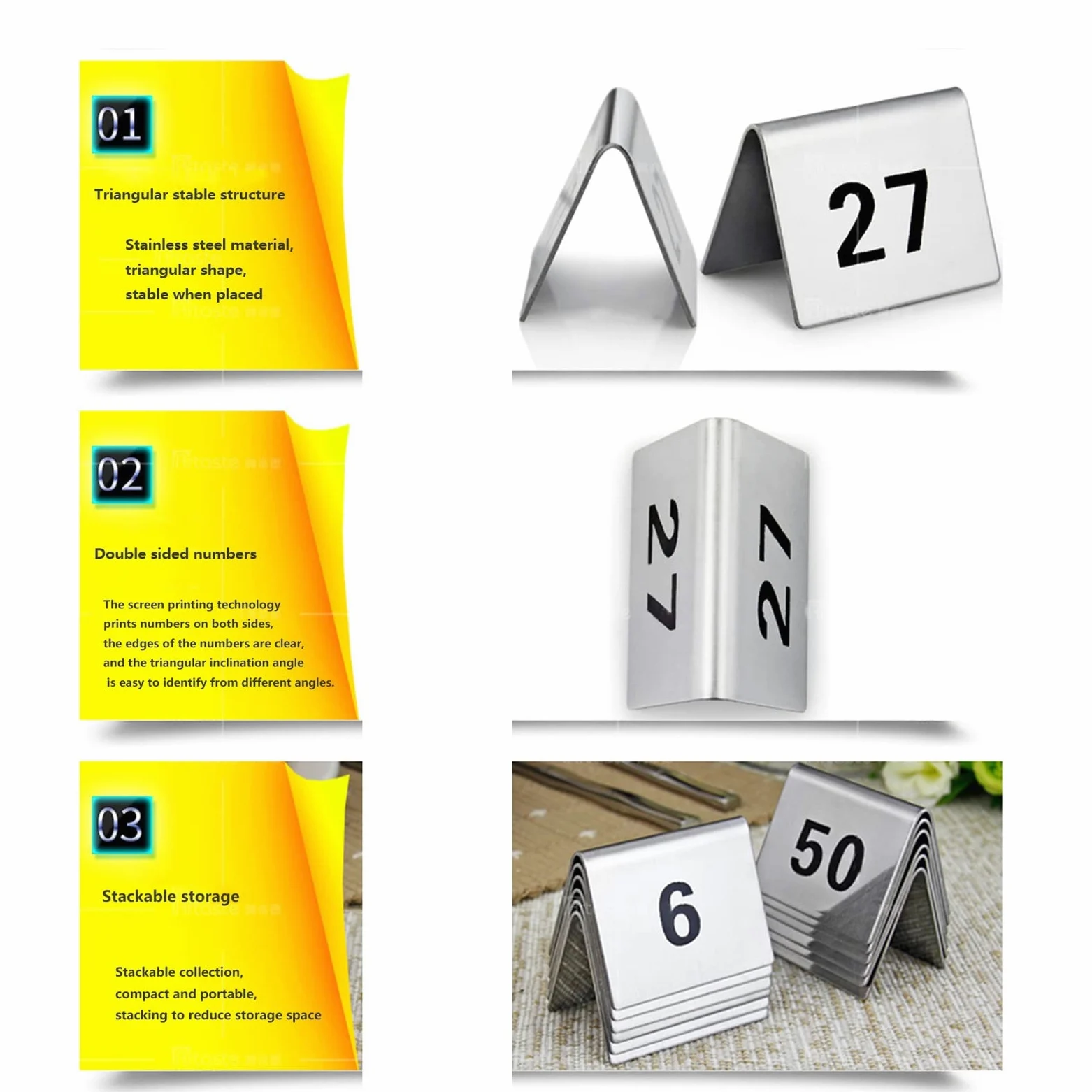 V3VOGUE Números De Mesa De Carpa De Acero Inoxidable Estilo, Números De Doble Cara para Un Fácil Reconocimiento, 1 A 50/100 Signo De Número De Mesa para Boda/Restaurante/Cafés