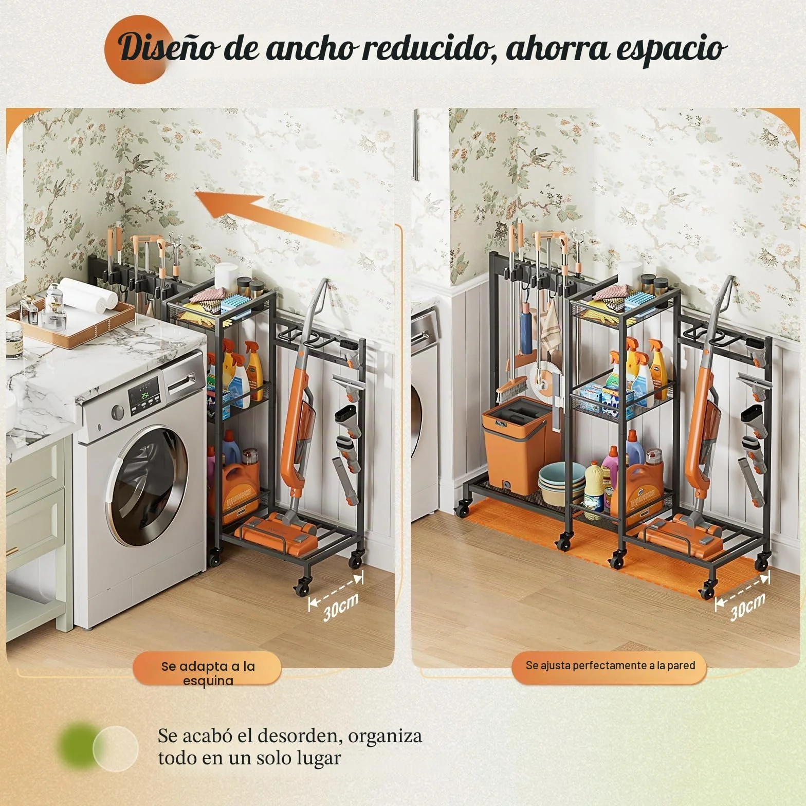 Bikoney Carro de Limpieza con Ruedas y Soporte para Escobas, Organizador de Productos de Limpieza con Armario y Estantes, Carrito Multiusos para Aspiradora y Fregonas, Ideal para Lavandería y Hogar