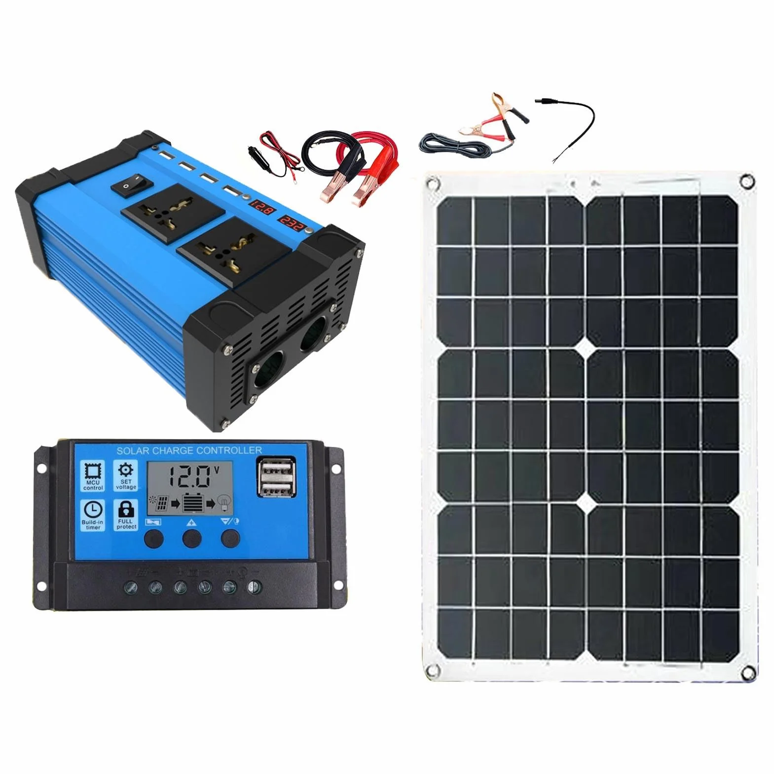 DADEA Kit de Panel Solar, Kit de Sistema Solar Doméstico de 300 W, Inversor de 12 V a 220 V, Panel Solar de 18 W 18 V con Controlador, Sistema de Generador Solar para el Hogar