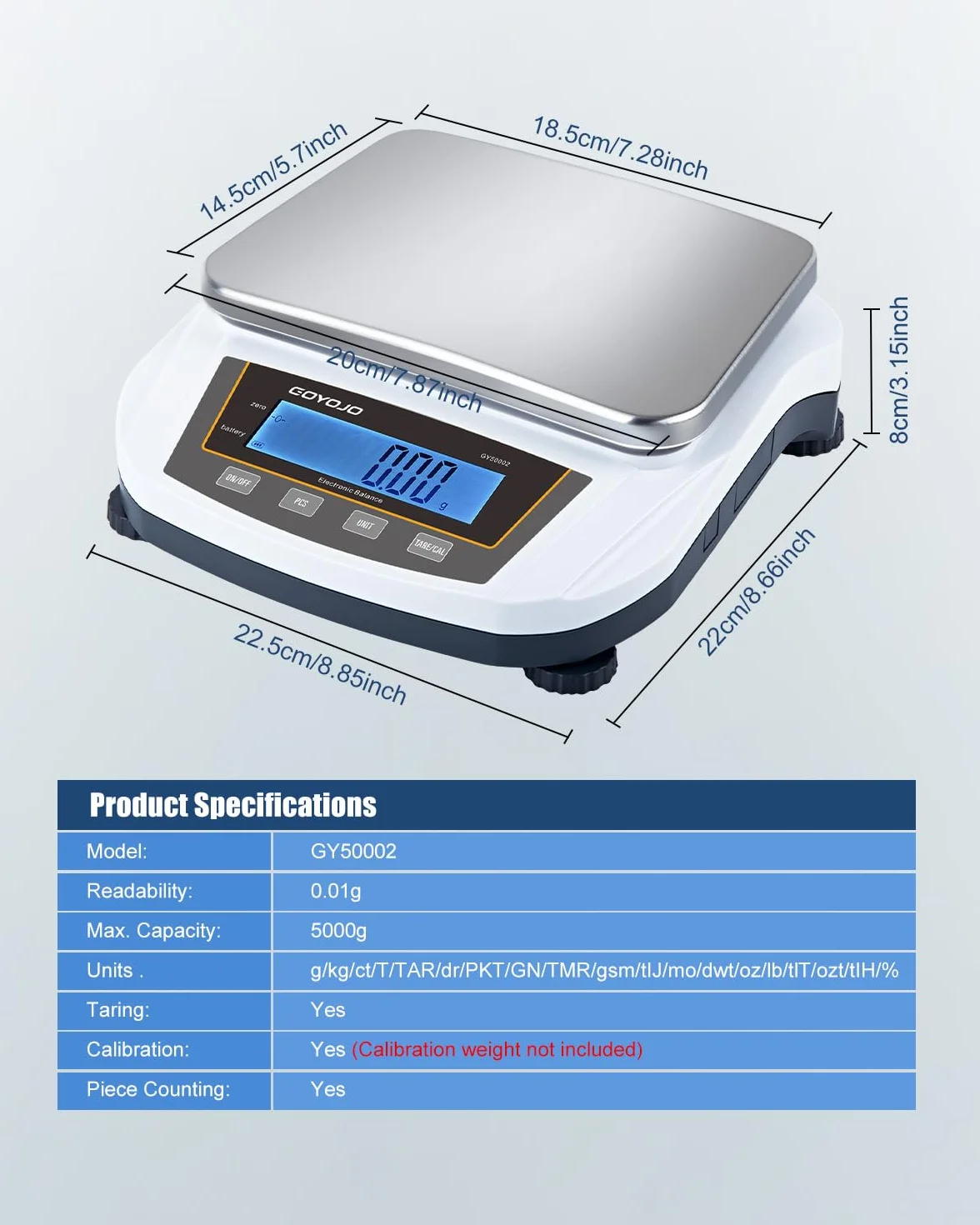 GOYOJO Balanza de Laboratorio 5000g x 0.01g Báscula Analítica de Precisión Digital Electrónica de Alta Precisión Balanza de Joyería Cocina Balanza Científica