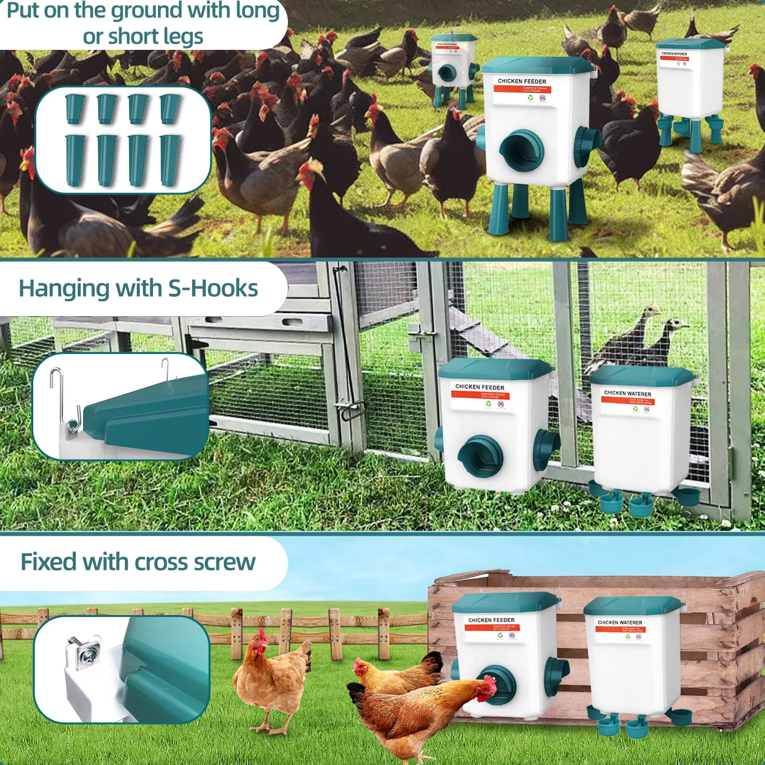 Juego de comedero de pollo de 12 kg y bebedero de 11 litros, comederos y bebederos de pollo, comederos de pollo sin desperdicios, comedero para aves de corral al aire libre con patas desmontables