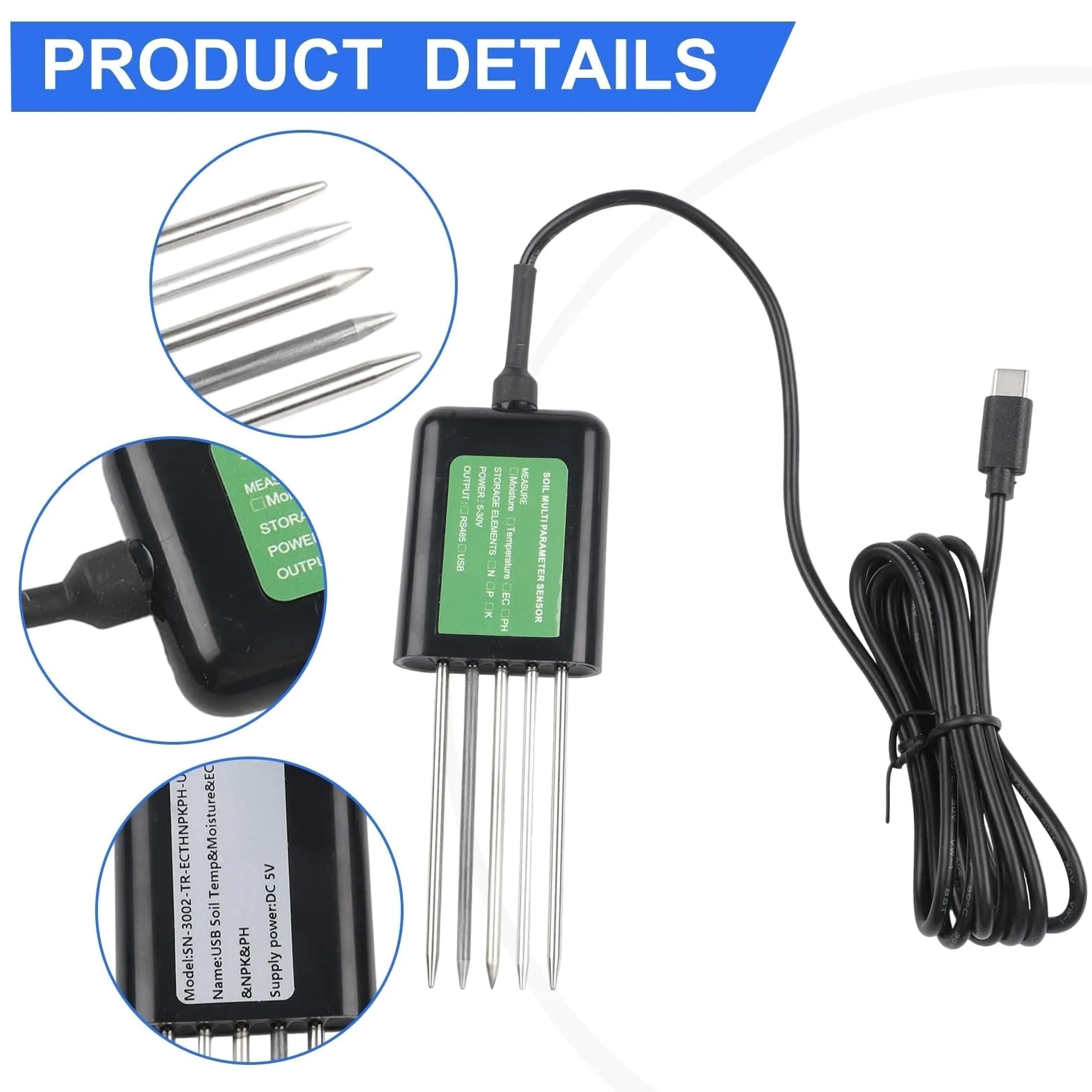 Para el probador de suelo inteligente Sensor USB 7 en 1 para sistemas Android Comprobación de pH Temperatura Humedad Nutrientes Npk con sellado de resina epoxi impermeable Ip68