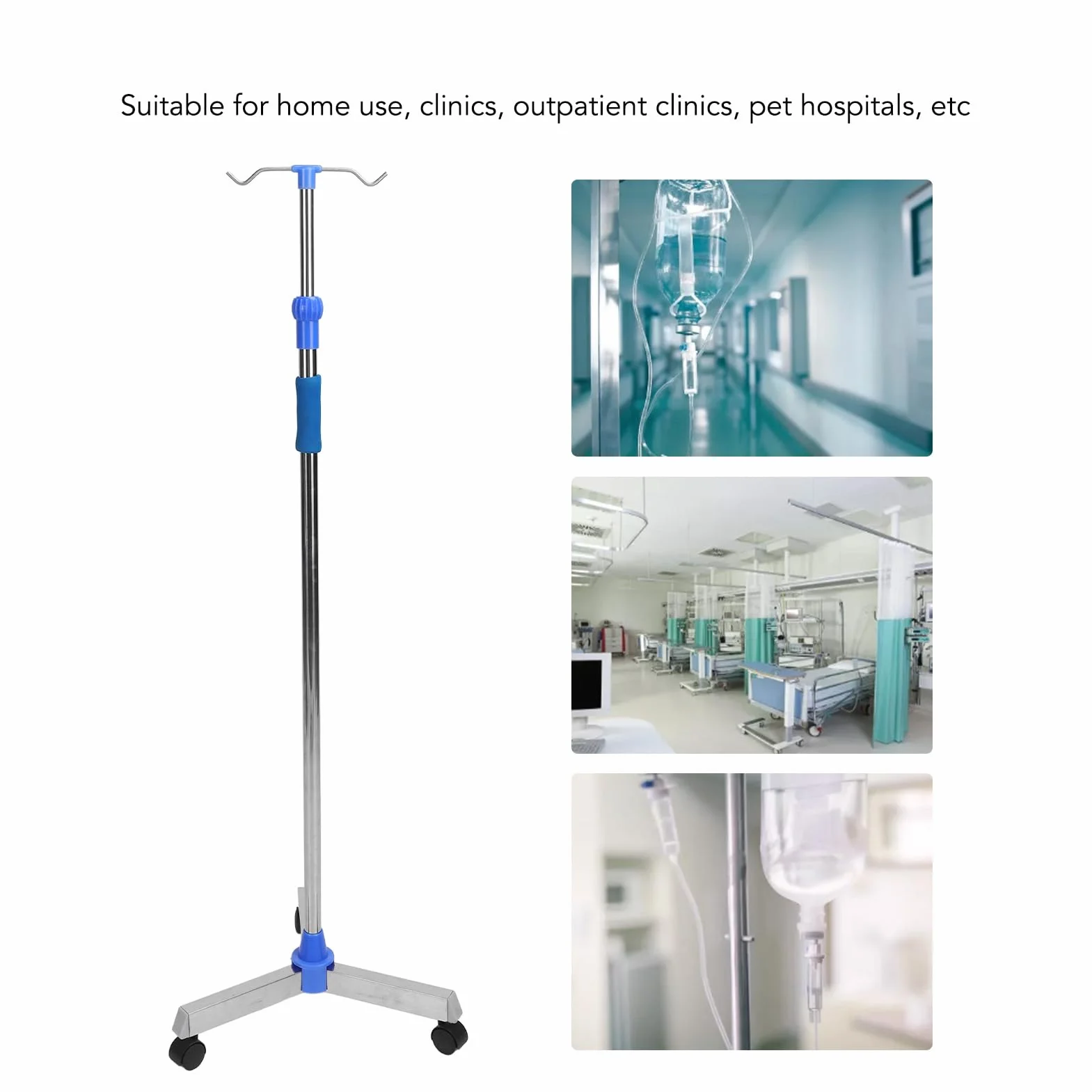Portasueros, Soporte para Suero de Acero Inoxidable con Ajustable, Base Triangular con Ruedas, Varilla Gruesa, 2 Ganchos, Soporte para Bolsa Intravenosa para el Hogar, Clínica,