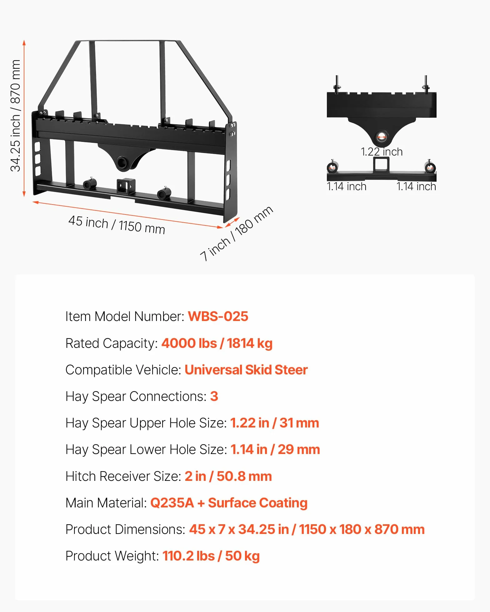 VEVOR Marco de Horquilla de Palés para Minicargadora, 1150 mm con Deflector, Enganche de Remolque 50,8 mm y Manguitos de Lanza Carga 1814 kg para Cargadora de Tractor de Conexión Rápida, Solo Marco
